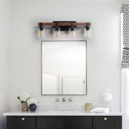 Front. LUCKY ONE - 27in Rustic 4-Light Vanity Light, Industrial Farmhouse Bathroom Sconce with Wood Accent - Walnut.