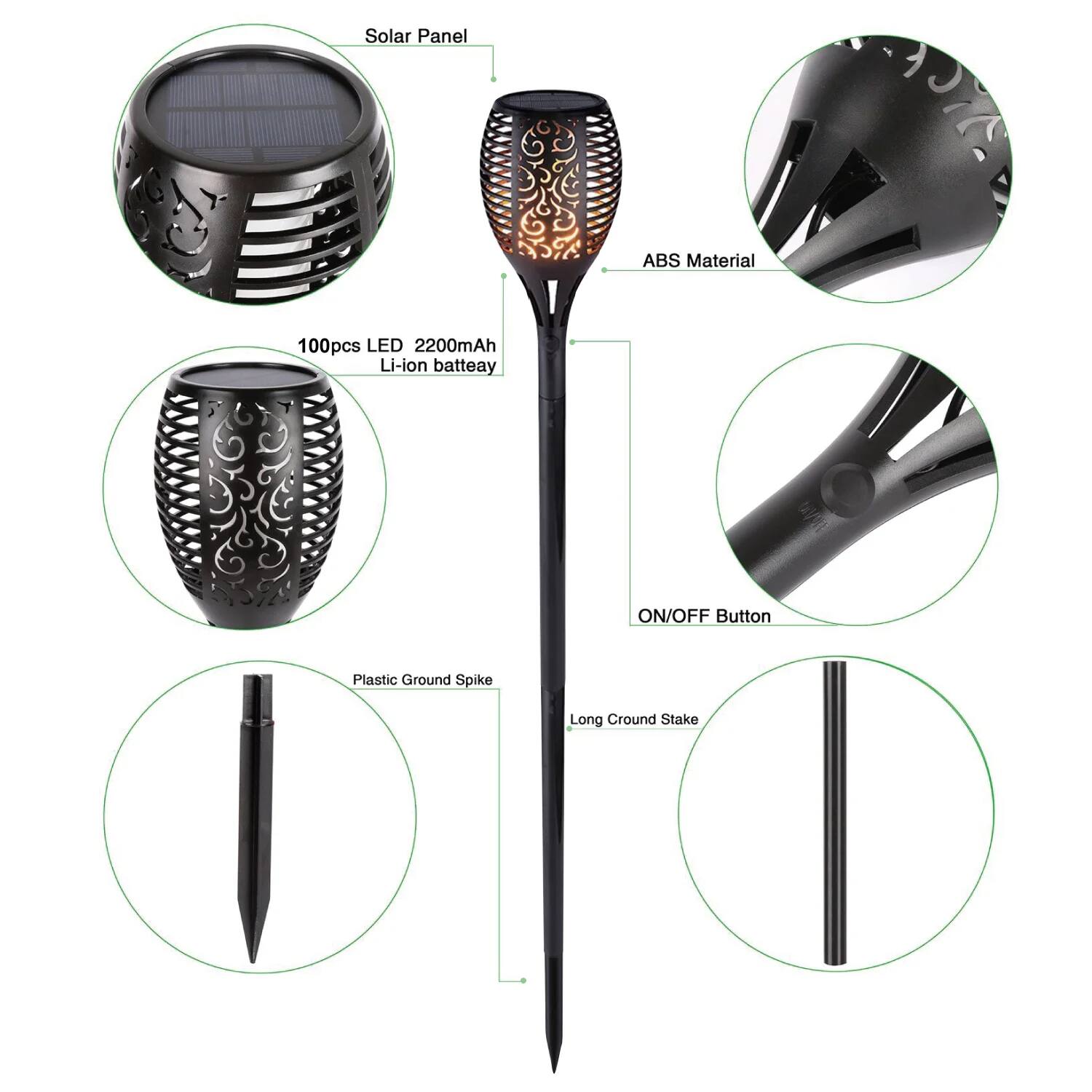 Solar Panel  
ABS Material  
100pcs LED 2200mAh Li-ion battery  
ON/OFF Button  
Plastic Ground Spike  
Long Ground Stake