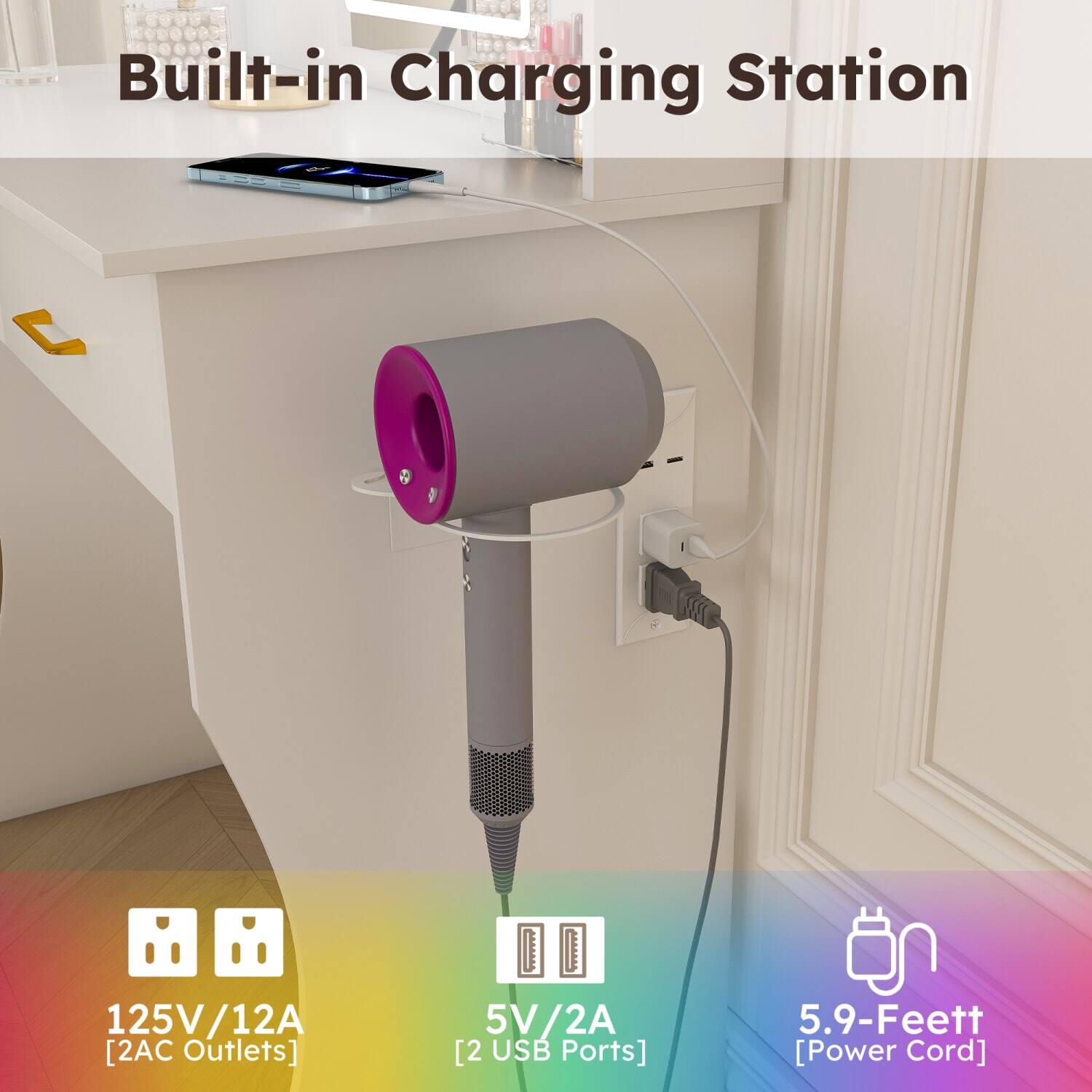 Built-in Charging Station

125V/12A [2AC Outlets]

5V/2A [2 USB Ports]

5.9-Feet [Power Cord]
