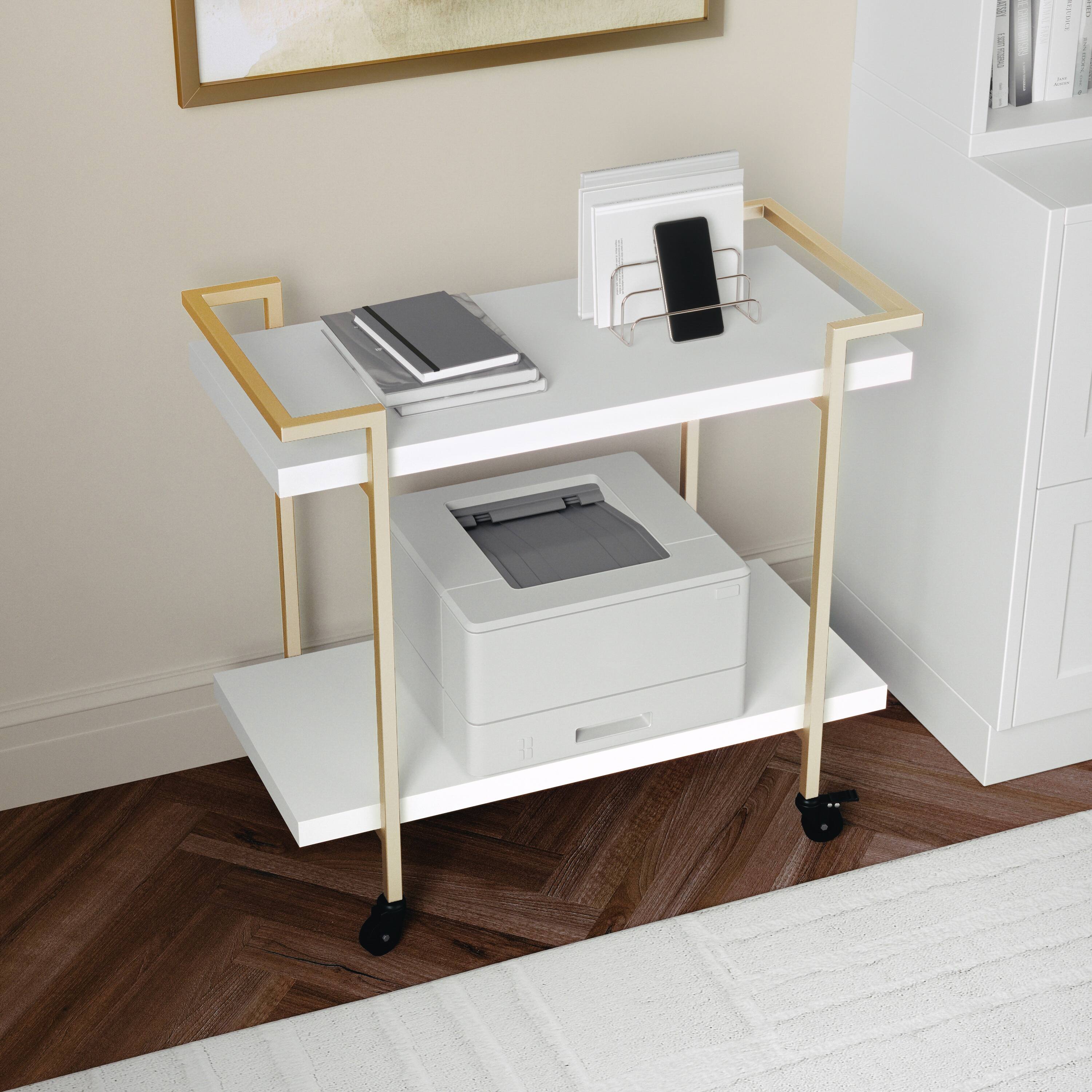 Alt View 14. Martha Stewart - Liam Mobile 2 Tier Printer Cart with Side Storage - White/Polished Brass Frame.