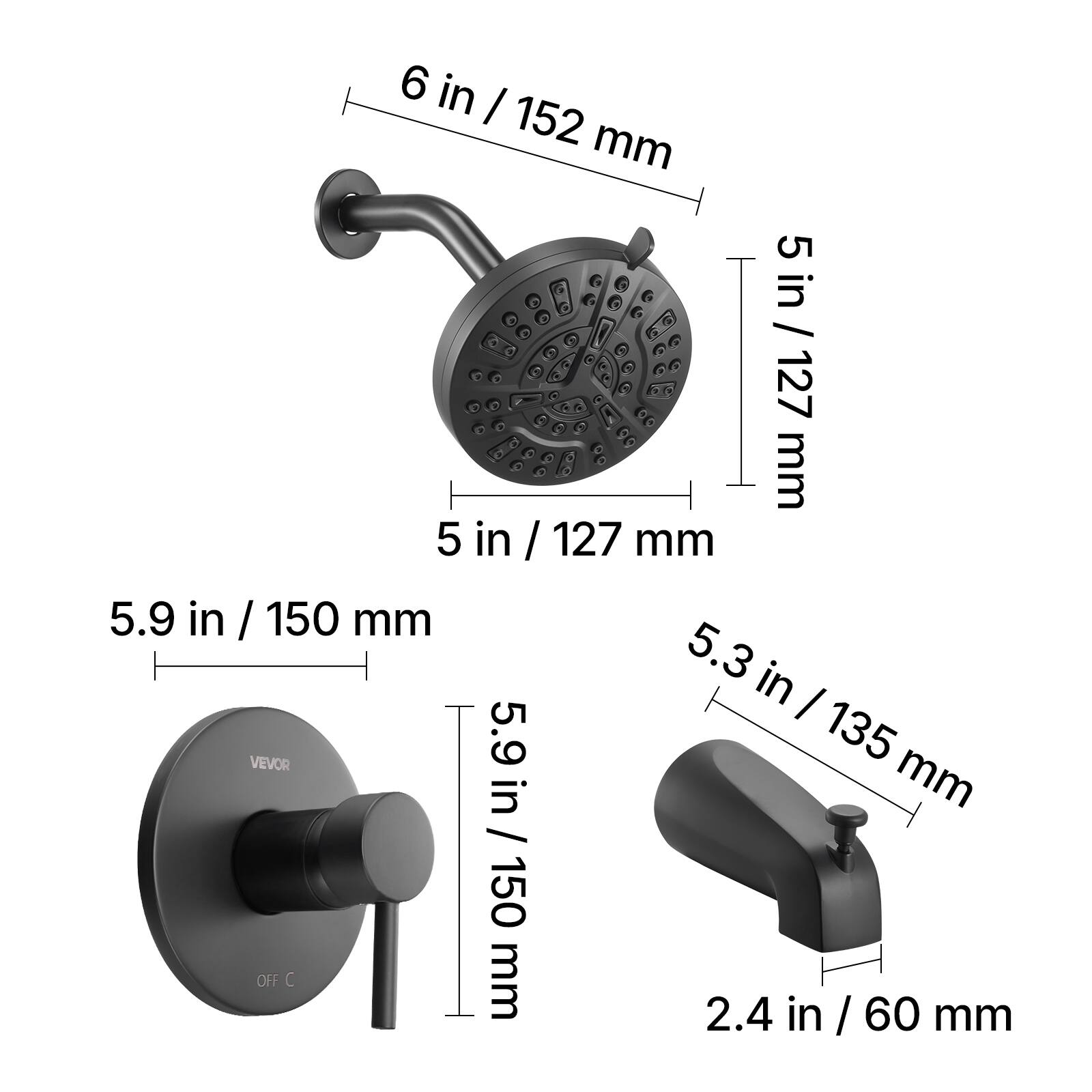 6 in / 152 mm  
5 in / 127 mm  
5.9 in / 150 mm  
5.3 in / 135 mm  
2.4 in / 60 mm
