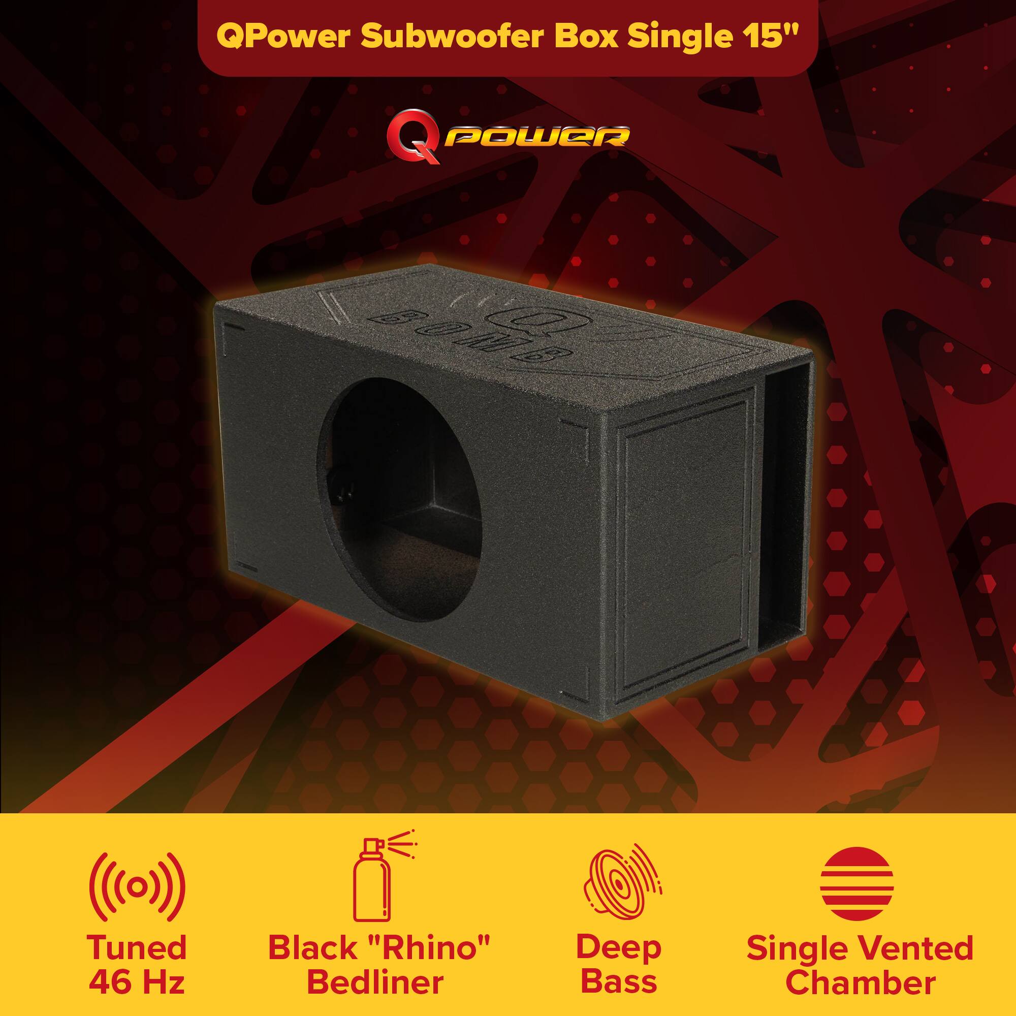 QPower Subwoofer Box Single 15"  
Q POWER 80E  
Tuned 46 Hz  
Black "Rhino" Bedliner  
Deep Bass  
Single Vented Chamber