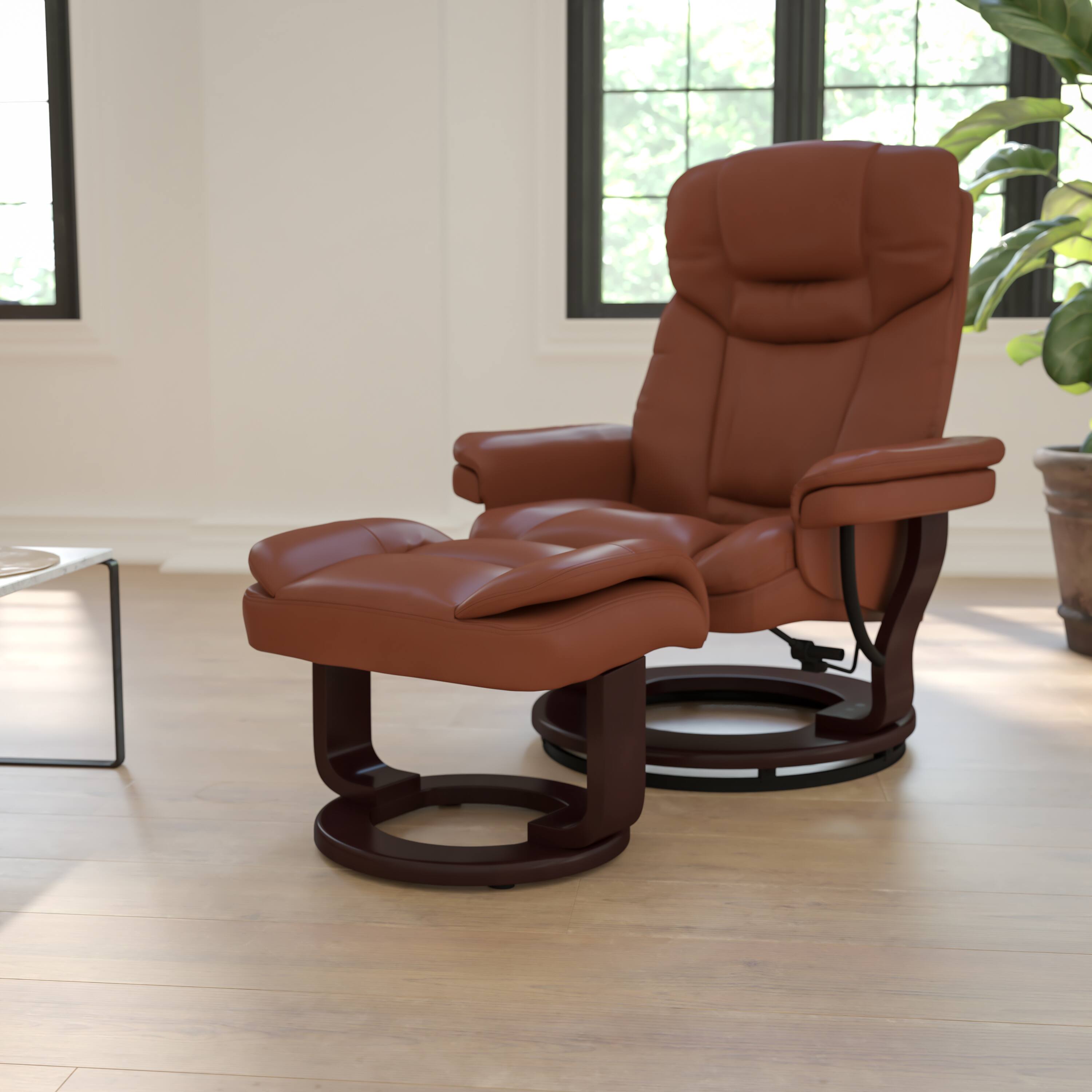 Alt View 12. Alamont Home - Allie Brown Vintage LeatherSoft Recliner and Curved Ottoman with Mahogany Wood Base - Brown Vintage.