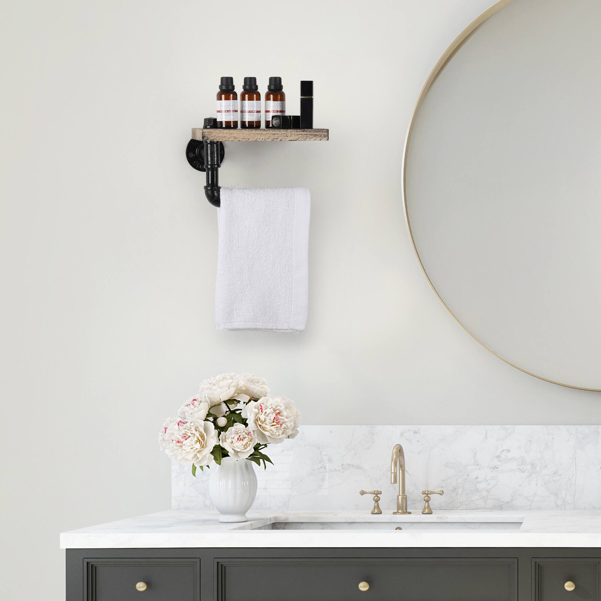 Alt View 1. Oumilen - Industrial Pipe Single Paper Towel Holder with Rustic Brown Shelf – Wall Mounted for Kitchen Bathroom.