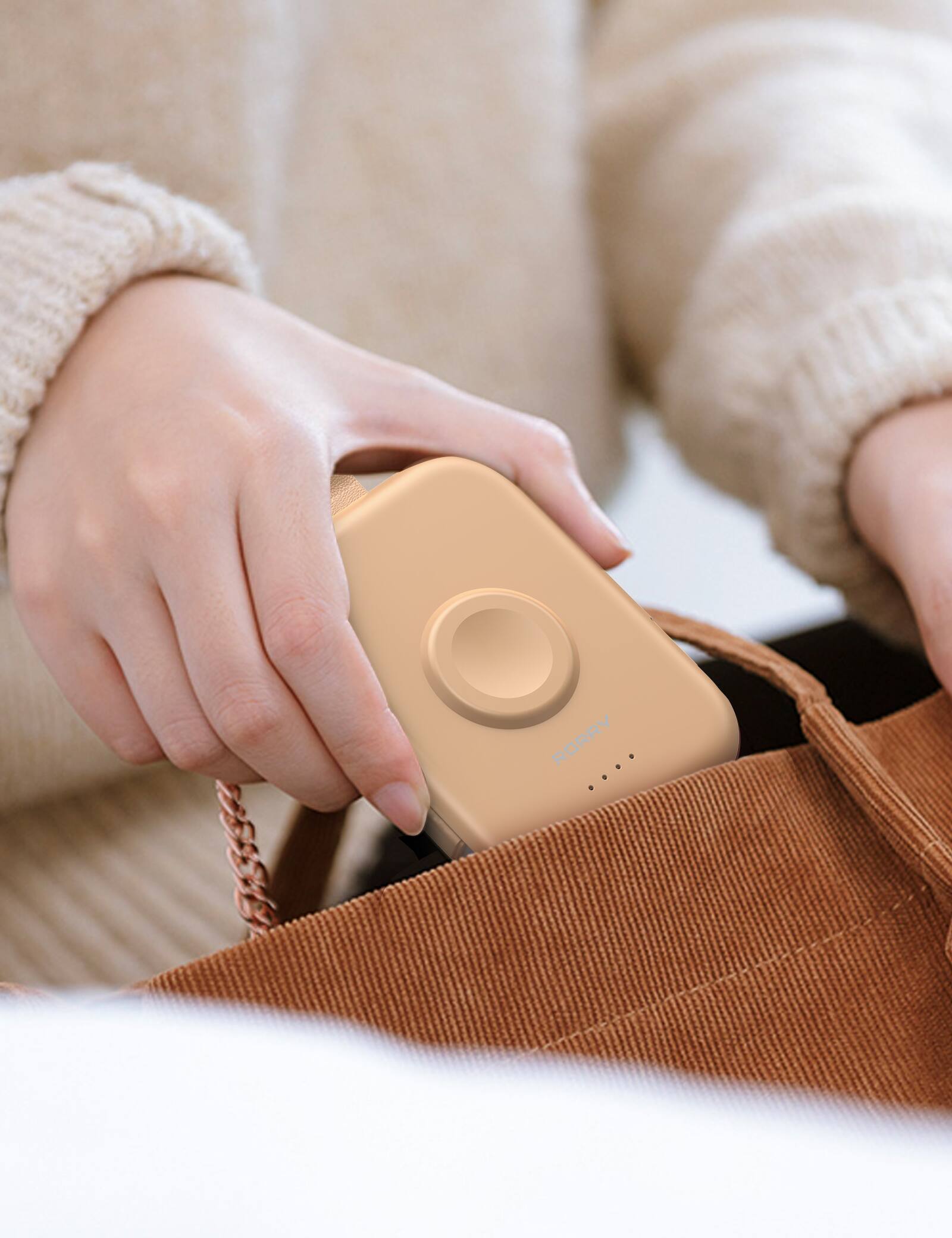 Back. RORRY - RORRY CharmGo 5000mAh Portable Charger with Built-in Cables, Keychain Design, Compatible with Apple Watch and iPhone - Honey Beige.