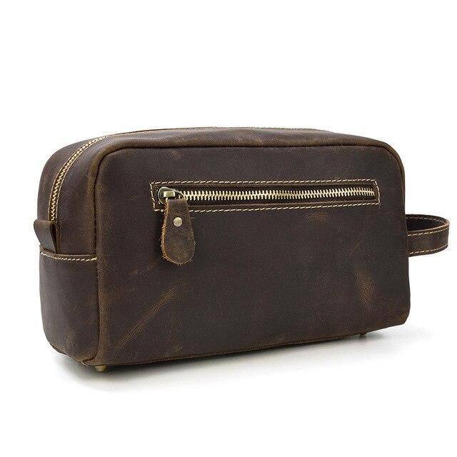 Left. Steel Horse Leather - The Wanderer Toiletry Bag | Genuine Leather Toiletry Bag - Dark Brown.
