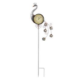 Swim Central - 41.75" Iron Peacock Garden Stake Thermometer - Silver