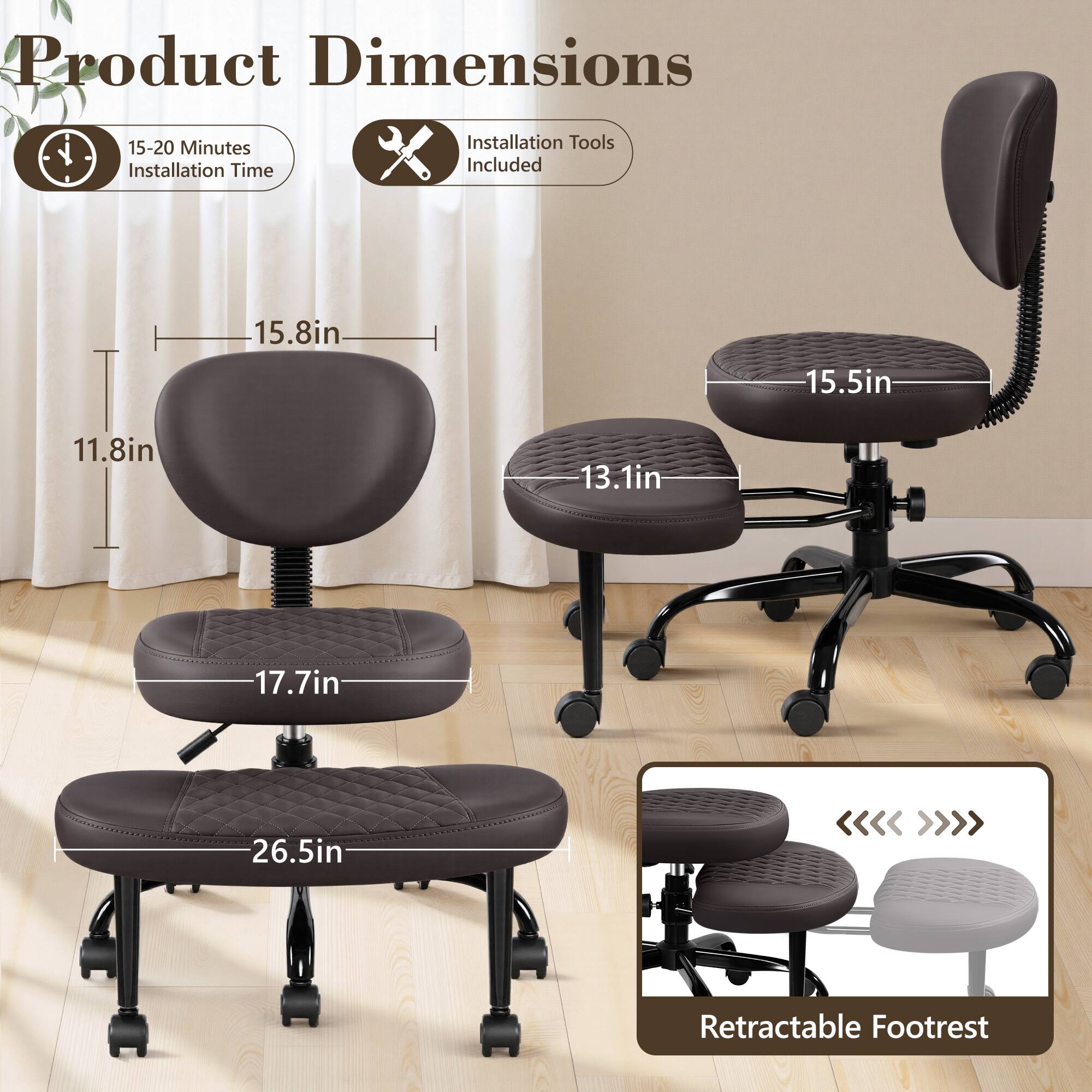 Product Dimensions, 15-20 Minutes Installation Time, Installation Tools Included, 15.8in, 15.5in, 11.8in, 13.1in, 17.7in, 26.5in, Retractable Footrest