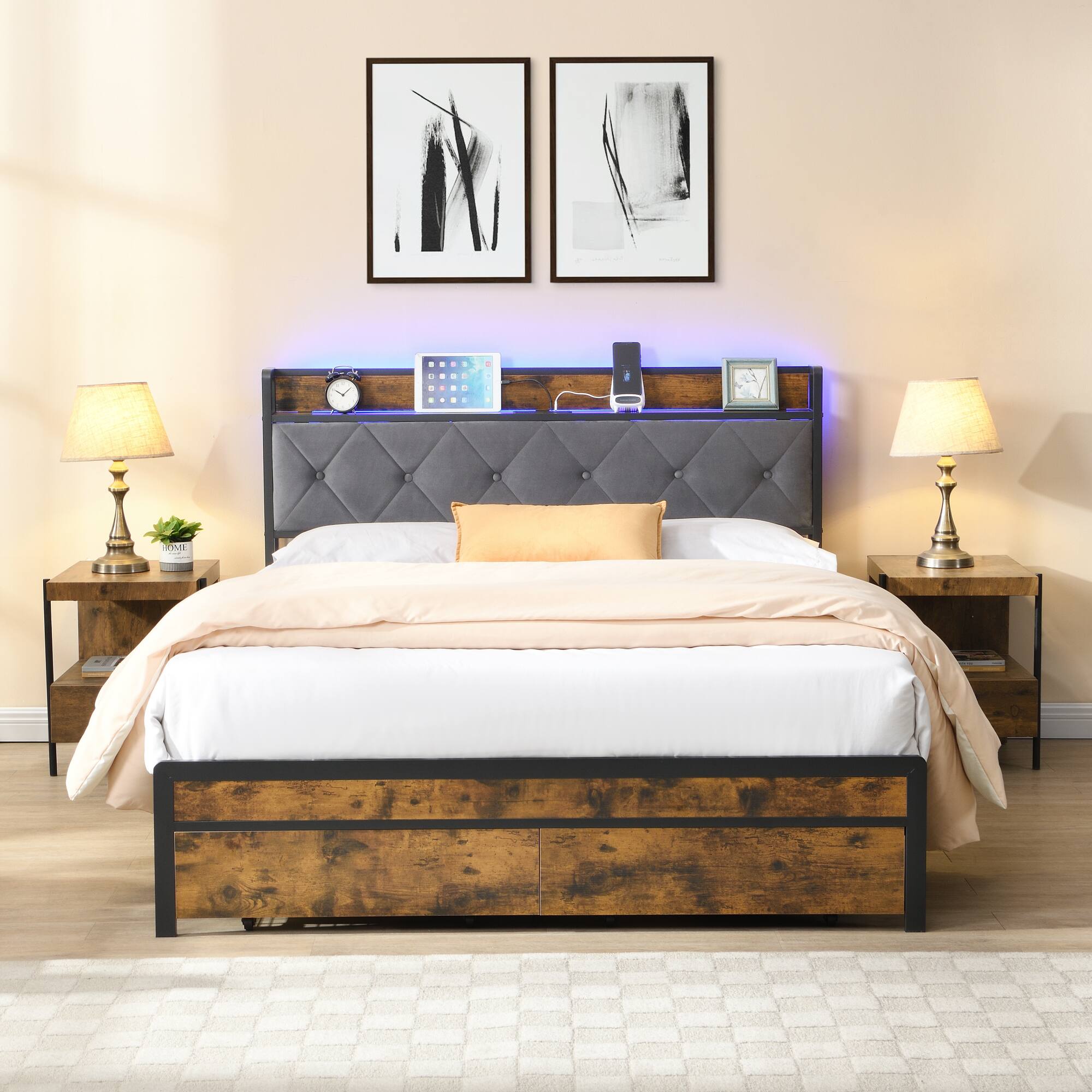 Angle. GOODSILO - Queen Size Upholstered Bed Frame with LED Lighting Storage Drawers USB Charging Station Modern Bedroom Furniture - Brown+Gray.