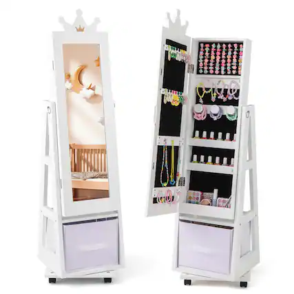 Front. Costway - Costway Kids Jewelry Cabinet with Full-Length Mirror Foldable Drawer Anti-toppling System - White.