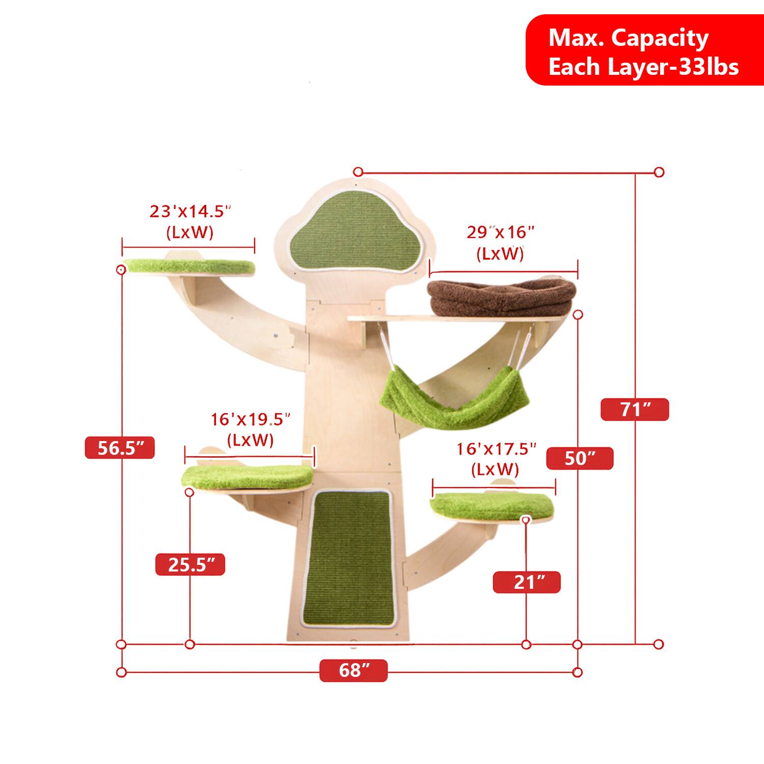 Max. Capacity Each Layer-33lbs  
23'x14.5" (LxW)  
29" x 16" (LxW)  
16'x19.5" (LxW)  
16'x17.5" (LxW)  
56.5"  
25.5"  
21"  
50"  
71"  
68"