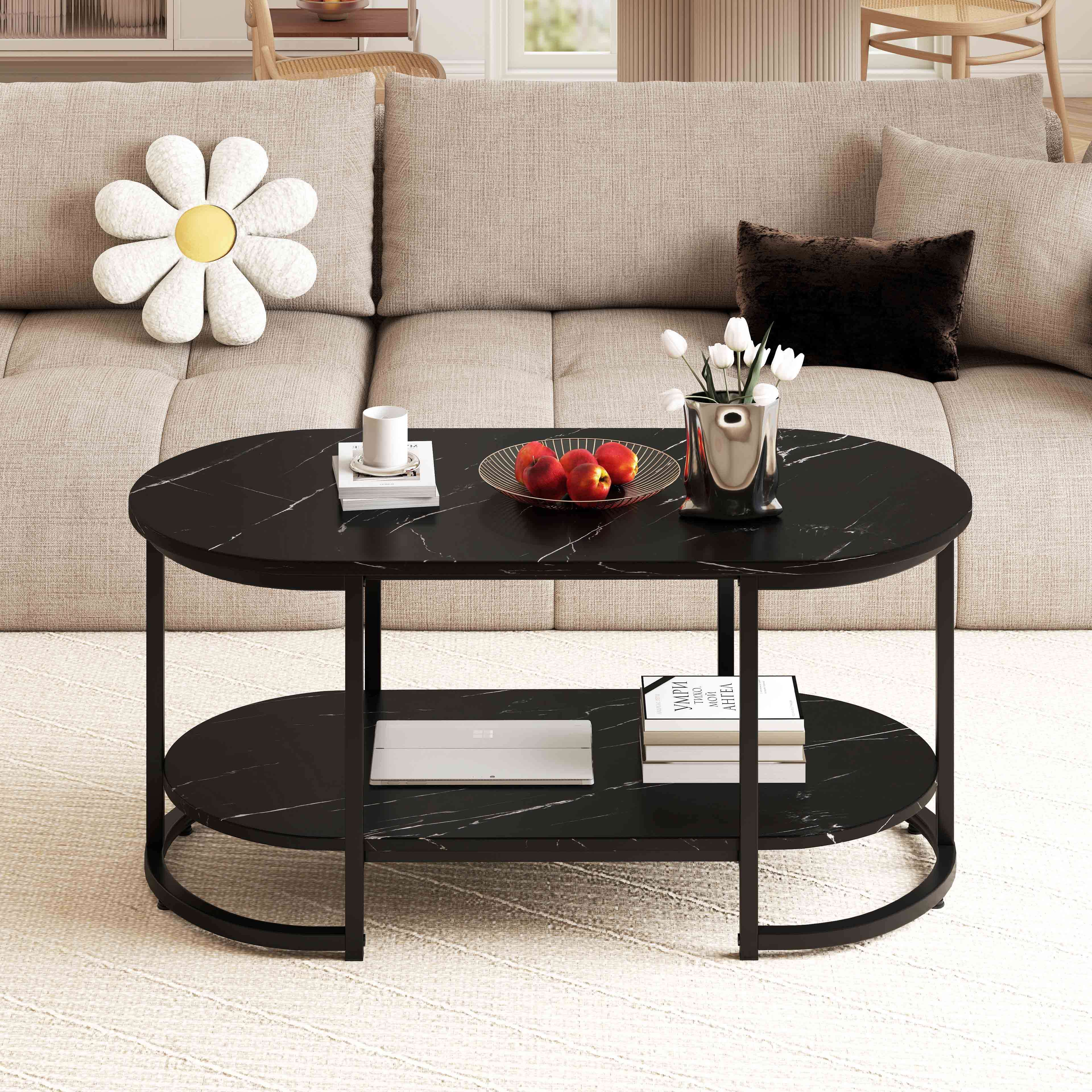 Alt View 5. Costway - Costway White Marble Coffee Table Modern 2-Tier Center Table with Open Storage Shelf Black Marble Pattern - Black Marble Pattern.