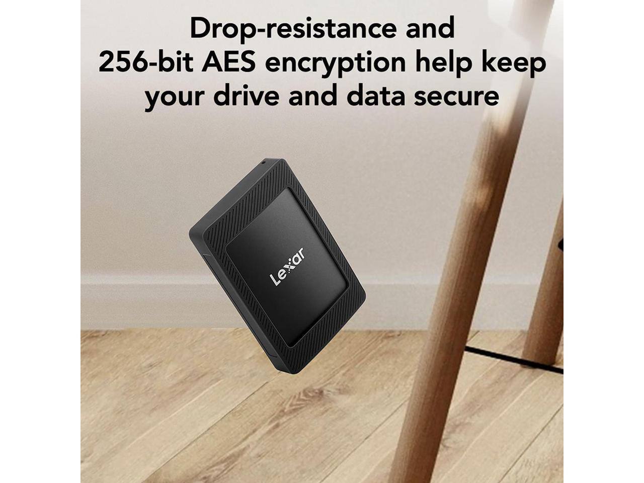 Drop-resistance and 256-bit AES encryption help keep your drive and data secure.