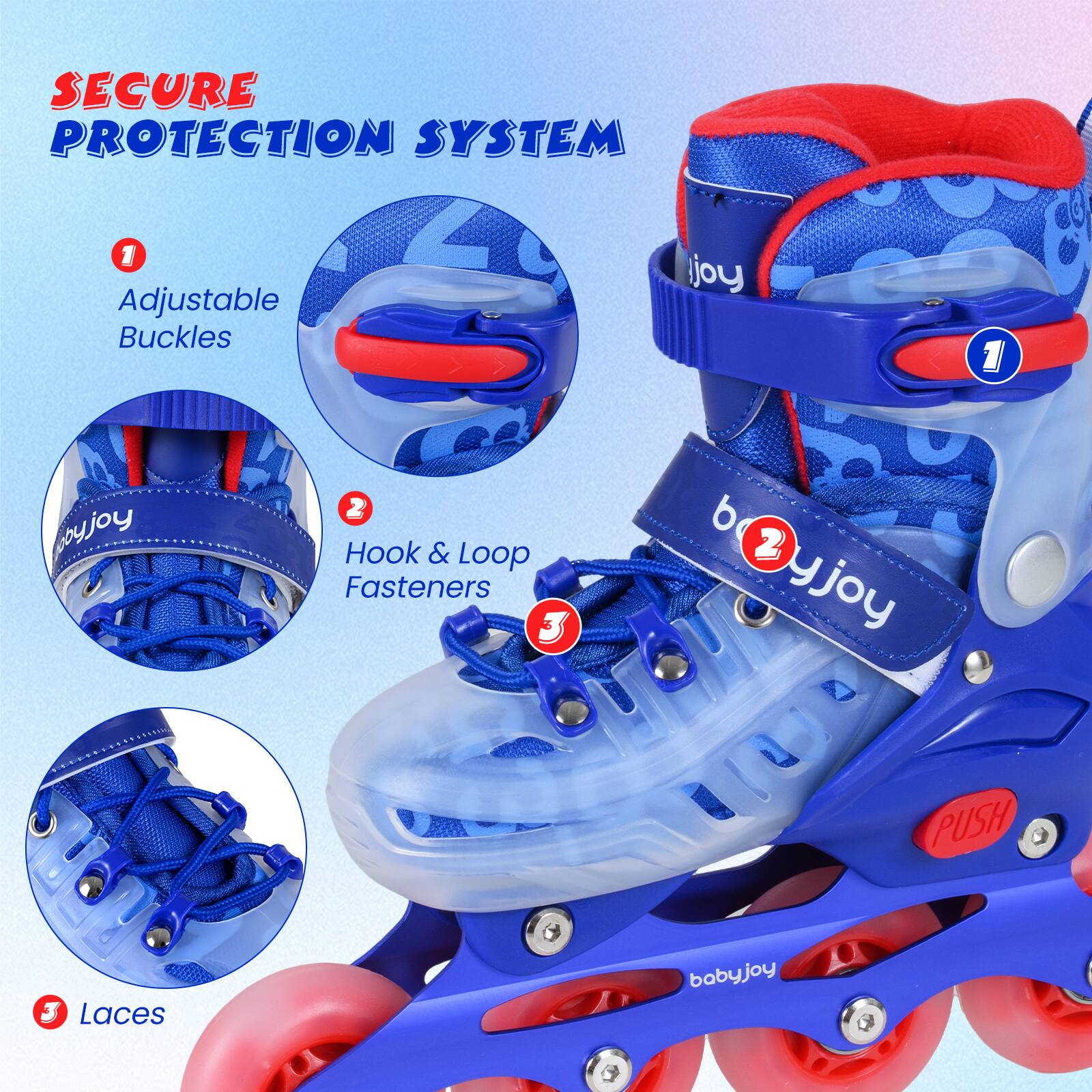 SECURE PROTECTION SYSTEM

1. Adjustable Buckles
2. Hook & Loop Fasteners
3. Laces