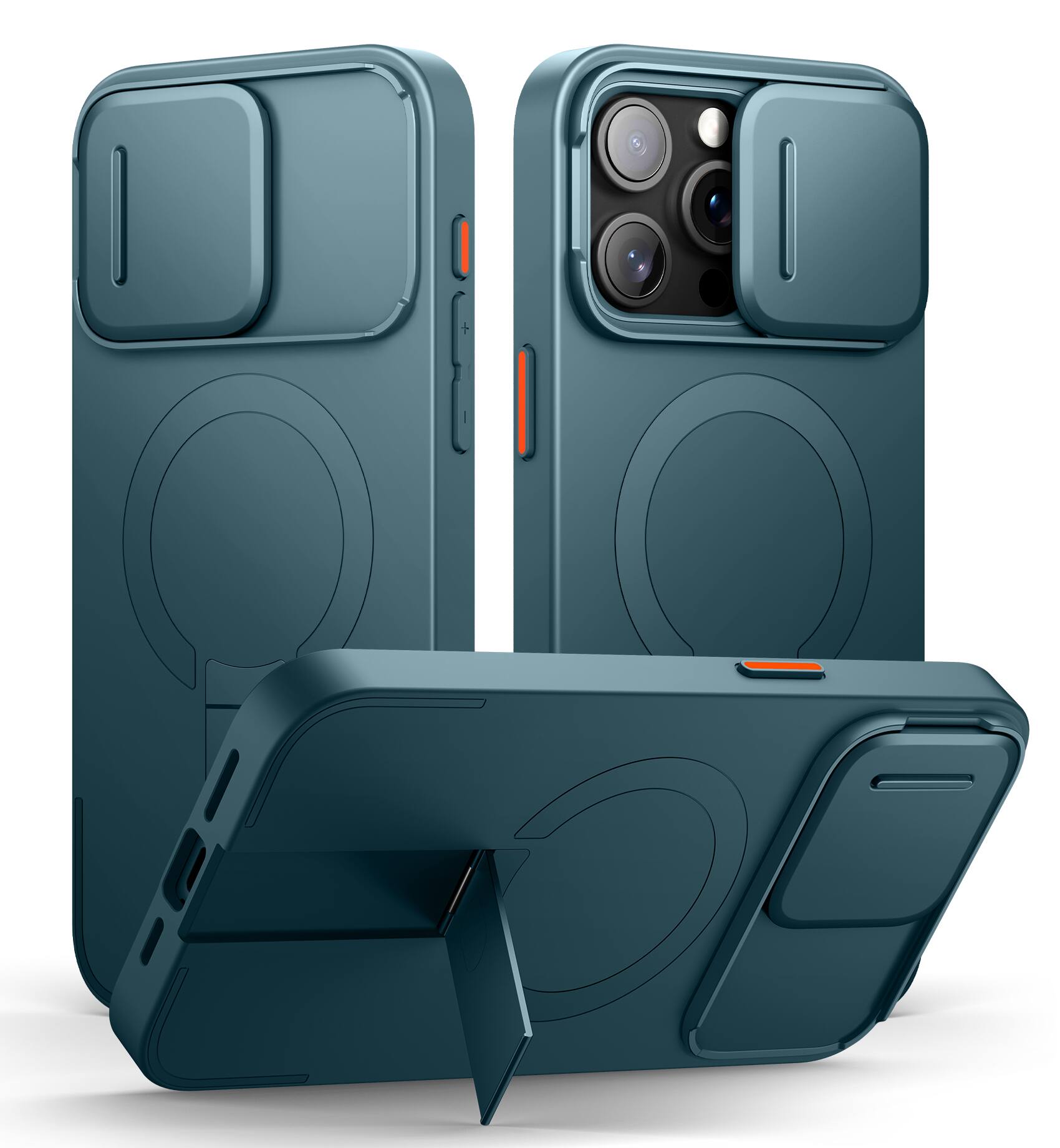 Front. SURITCH - Bumper Case for iPhone 15 Pro Max with Camera Cover, Kickstand,Compatible with MagSafe, Shockproof Slim Protective Cover - Lake Green.