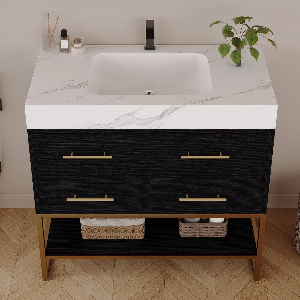 Left. Loheer - Loheer 36 inch bathroom vanity with Sintered Stone Top, Freestanding Sink Cabinet, Black/White - Black, White.