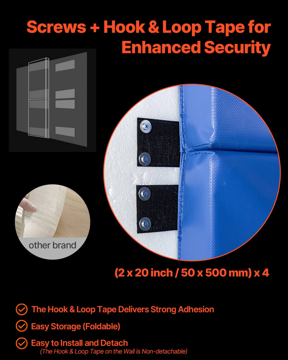 Screws + Hook & Loop Tape for Enhanced Security

(2 x 20 inch / 50 x 500 mm) x 4

- The Hook & Loop Tape Delivers Strong Adhesion
- Easy Storage (Foldable)
- Easy to Install and Detach
  (The Hook & Loop Tape on the Wall is Non-detachable)