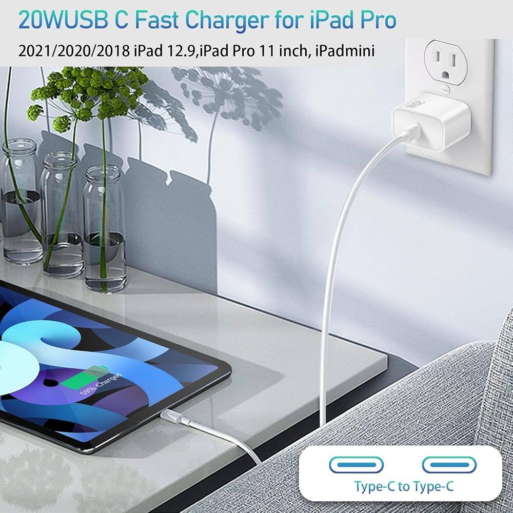 20W USB C Fast Charger for iPad Pro  
2021/2020/2018 iPad 12.9, iPad Pro 11 inch, iPad mini  
Type-C to Type-C
