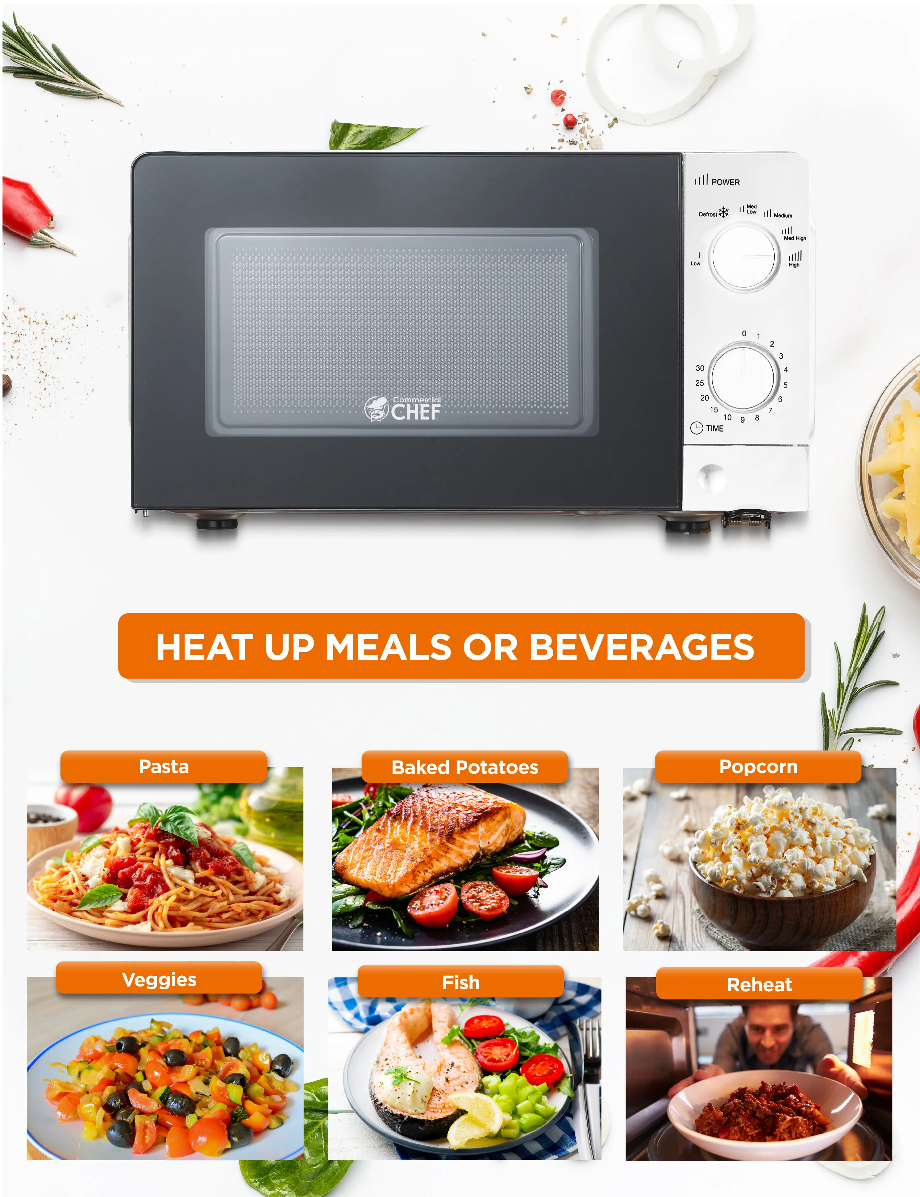 POWER - a - a - l - - a -- -  e - 2 3 4 Commenria CHEF 25 20 15 10 TIME 9 1 1 1 6 HEAT UP MEALS OR BEVERAGES

Pasta
Baked Potatoes
Popcorn
Veggies
Fish
Reheat