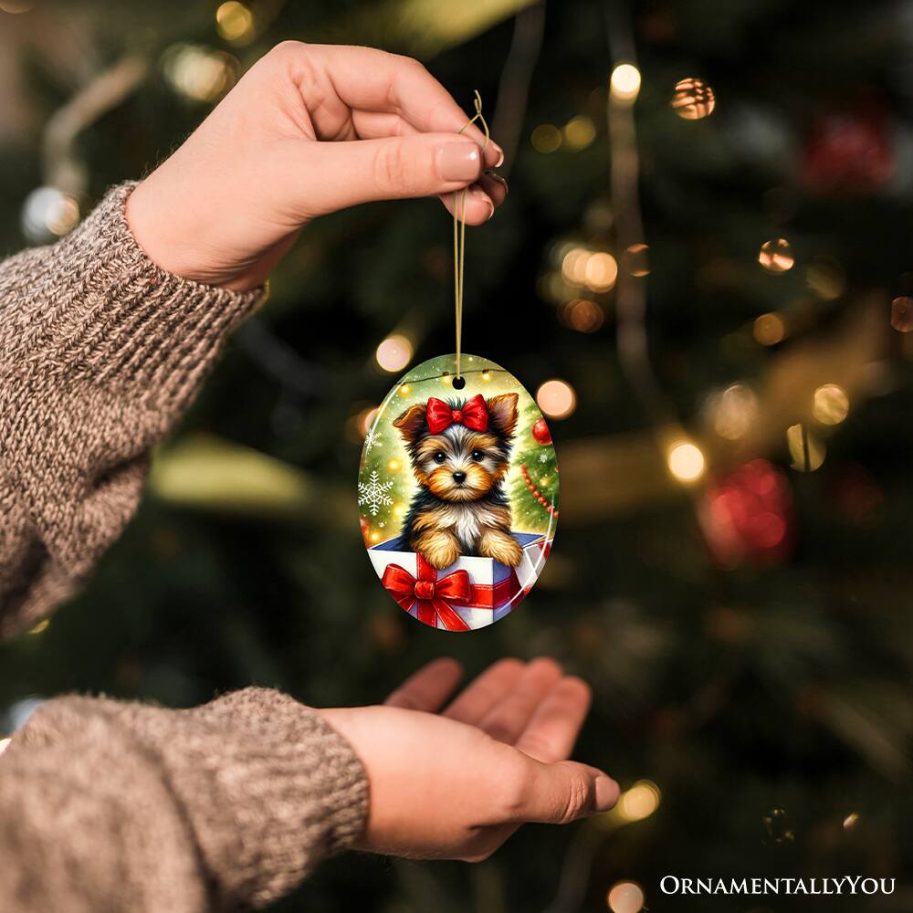Alt View 1. OrnamentallyYou - Precious Yorkshire Terrier Christmas Gift Ornament Sweet Holiday Scene Decor Oval Version - Multi-colored.