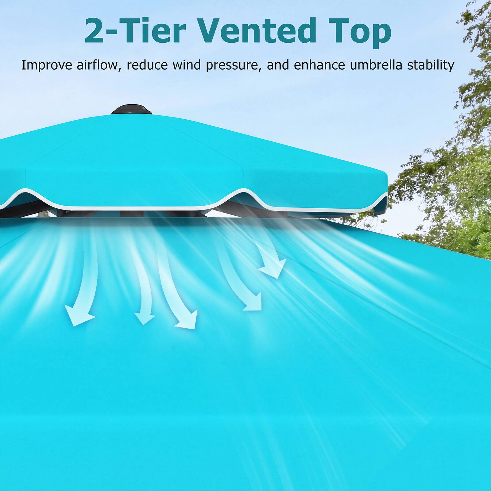 2-Tier Vented Top  
Improve airflow, reduce wind pressure, and enhance umbrella stability