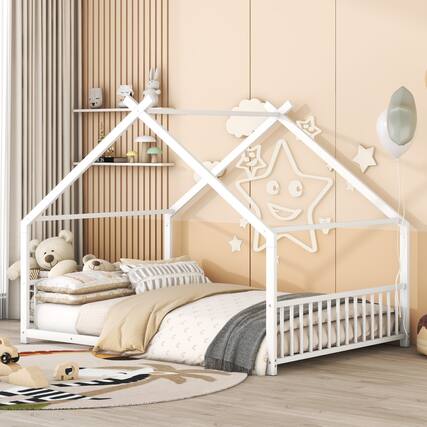 Front. GOODSILO - Full Size Metal House Bed with Playhouse Roof Design for Kids Room Furniture and Sleep Space - White.
