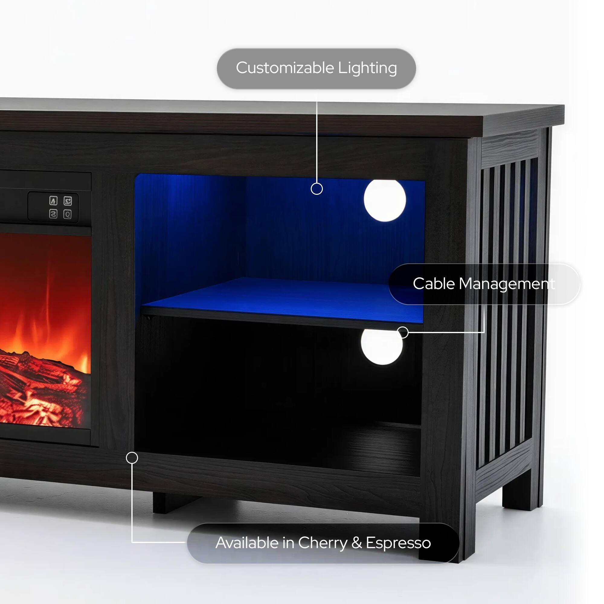 Customizable Lighting  
Cable Management  
Available in Cherry & Espresso