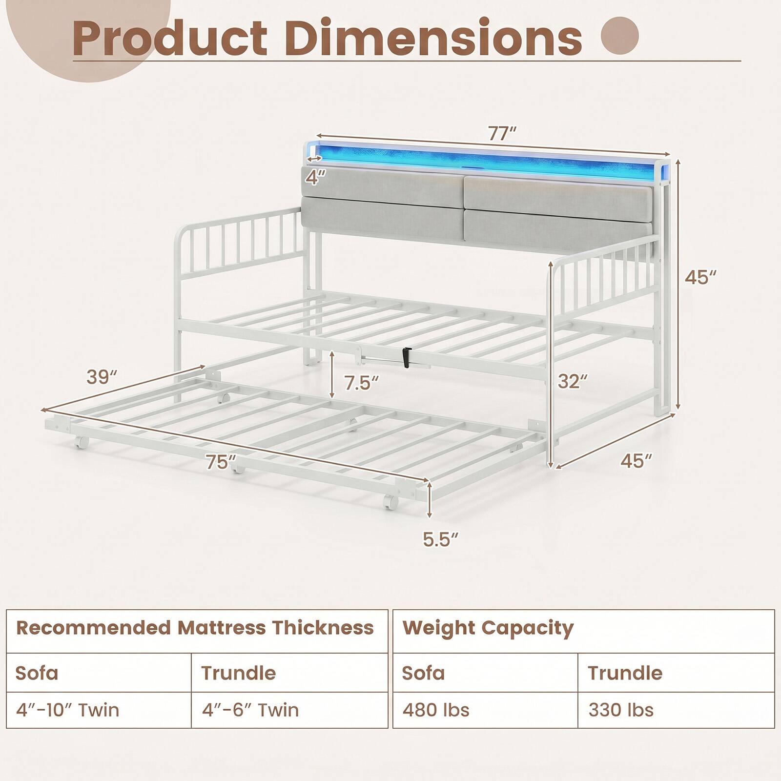 Product Dimensions  
77" x 45" x 75"  
4" x 39" x 32"  
5.5" x 45" x 7.5"

Recommended Mattress Thickness  
Sofa: 4"-10" Twin  
Trundle: 4"-6" Twin

Weight Capacity  
Sofa: 480 lbs  
Trundle: 330 lbs