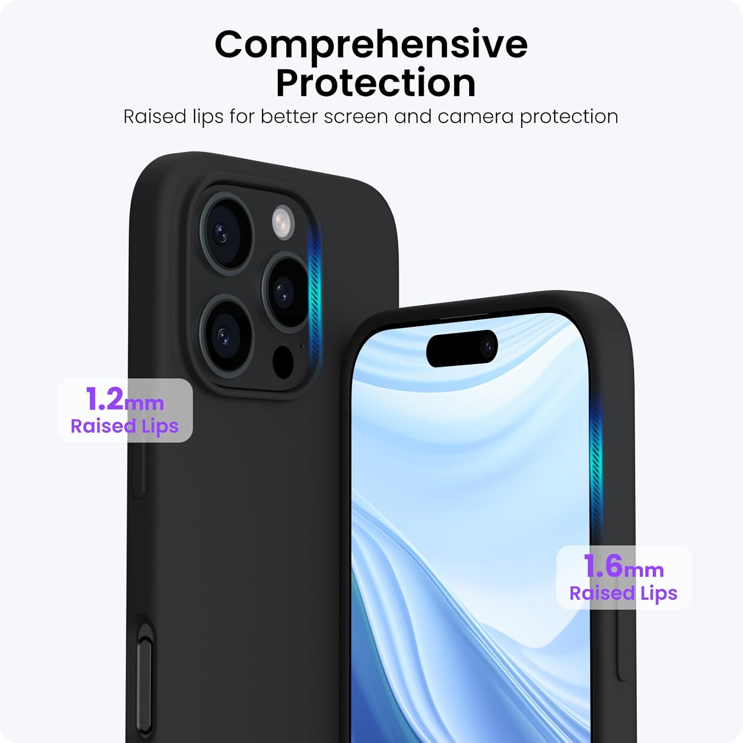 Comprehensive Protection
Raised lips for better screen and camera protection
1.2mm Raised Lips
1.6mm Raised Lips