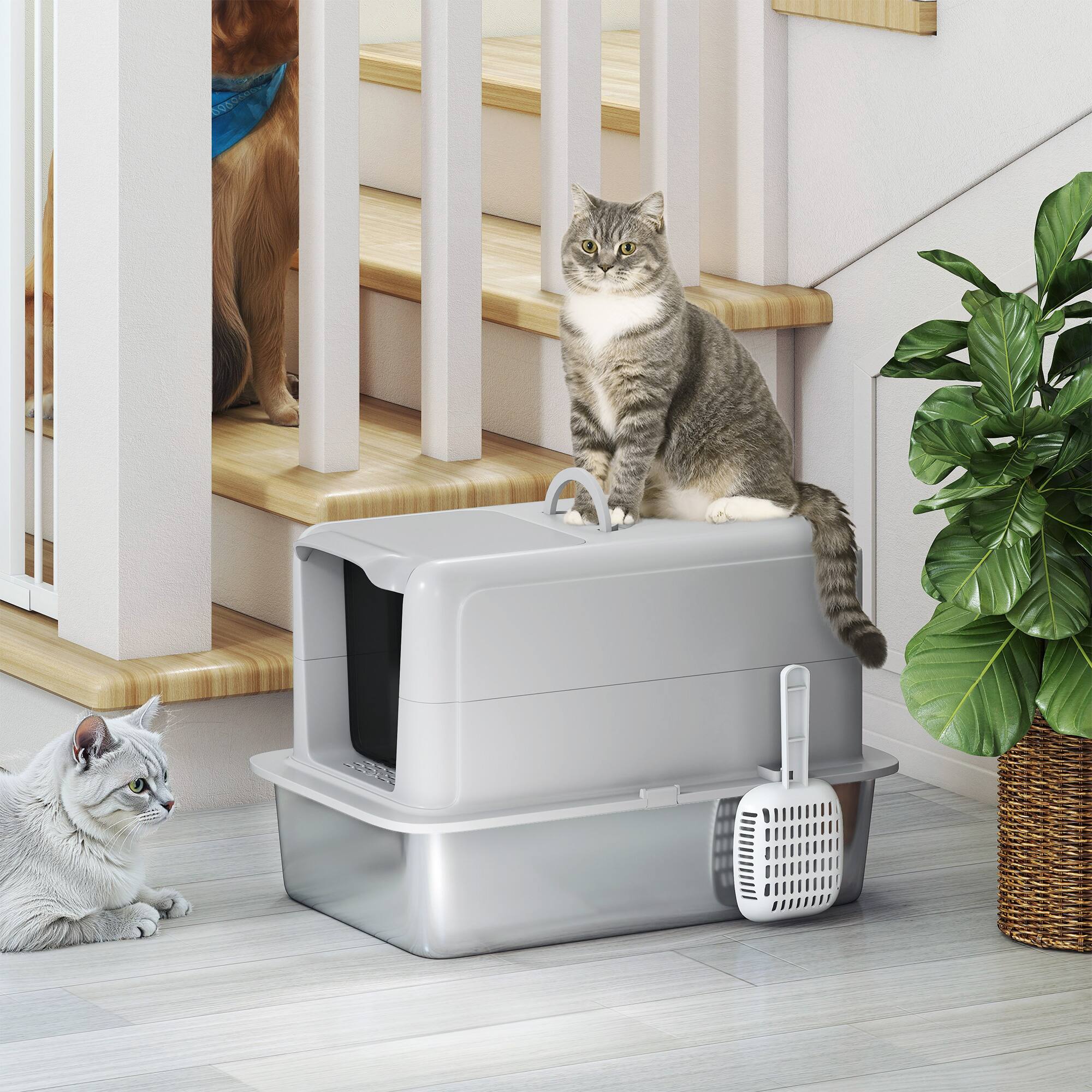 Alt View 4. Pawhut - Stainless Steel Cat Litter Box, Extra Large 2 in 1 Metal Kitty Litter Pan w/Removable Lid, Scoop, Filter Bags - Gray.