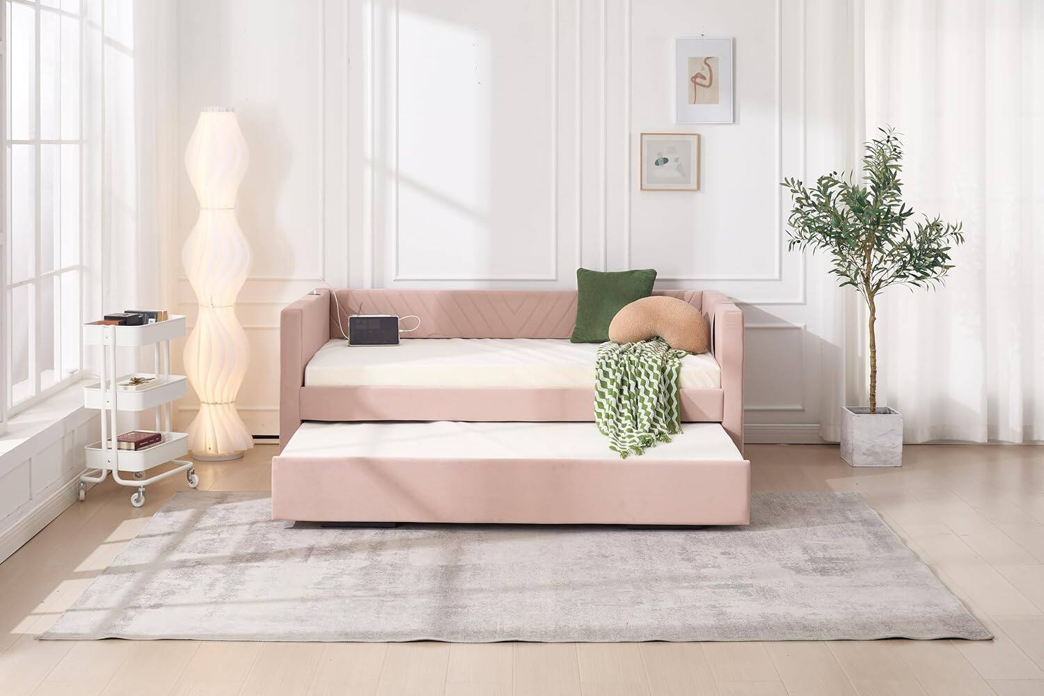 Alt View 6. Trinkets Crazed - Twin Daybed with Pop Up Trundle, Velvet Upholstered Extendable Daybed with USB Ports & Pockets - pink.