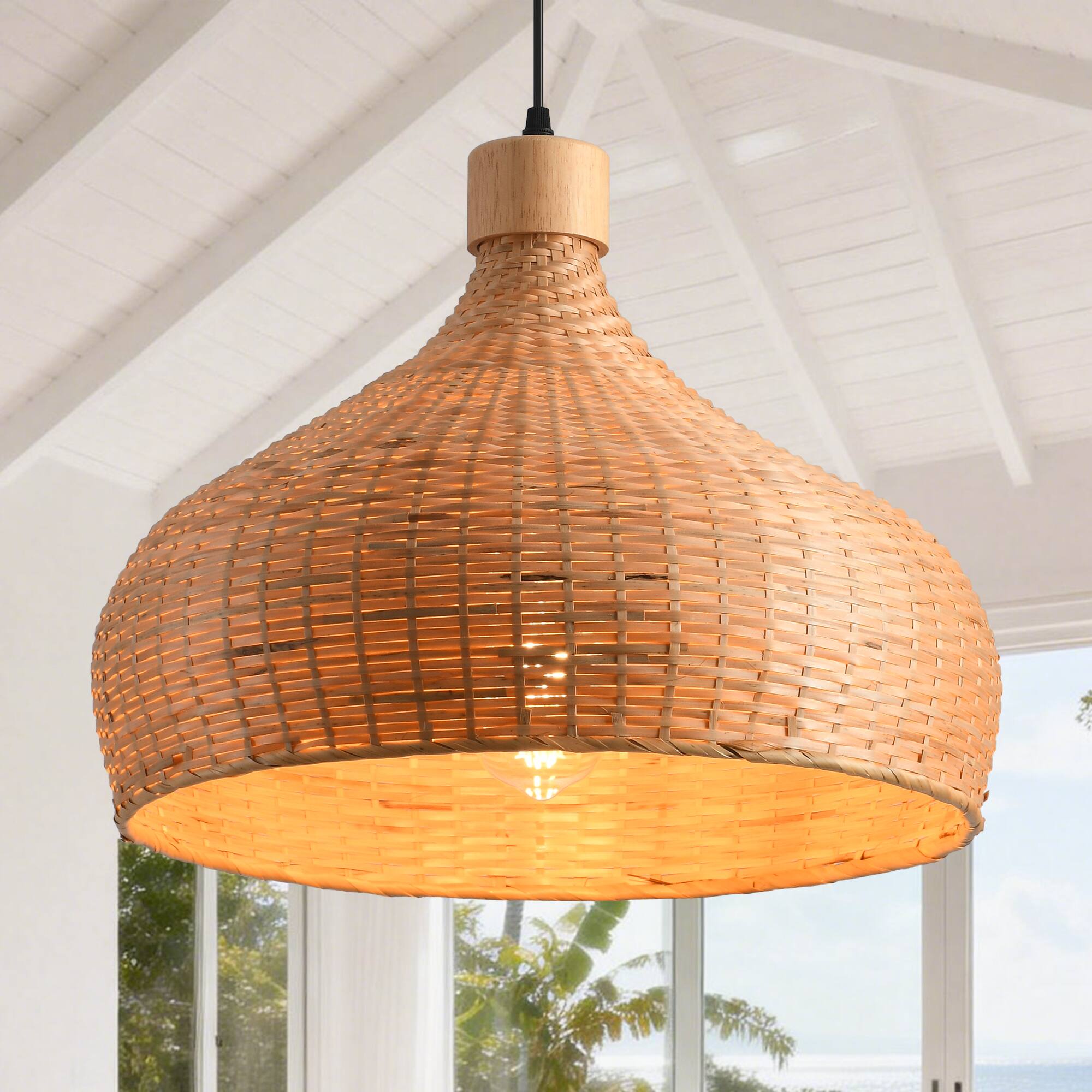 Alt View 2. Parrot Uncle - 1-Light Retro Brown Handmade Bamboo Woven Dome Hanging Pendant Light - Brown.