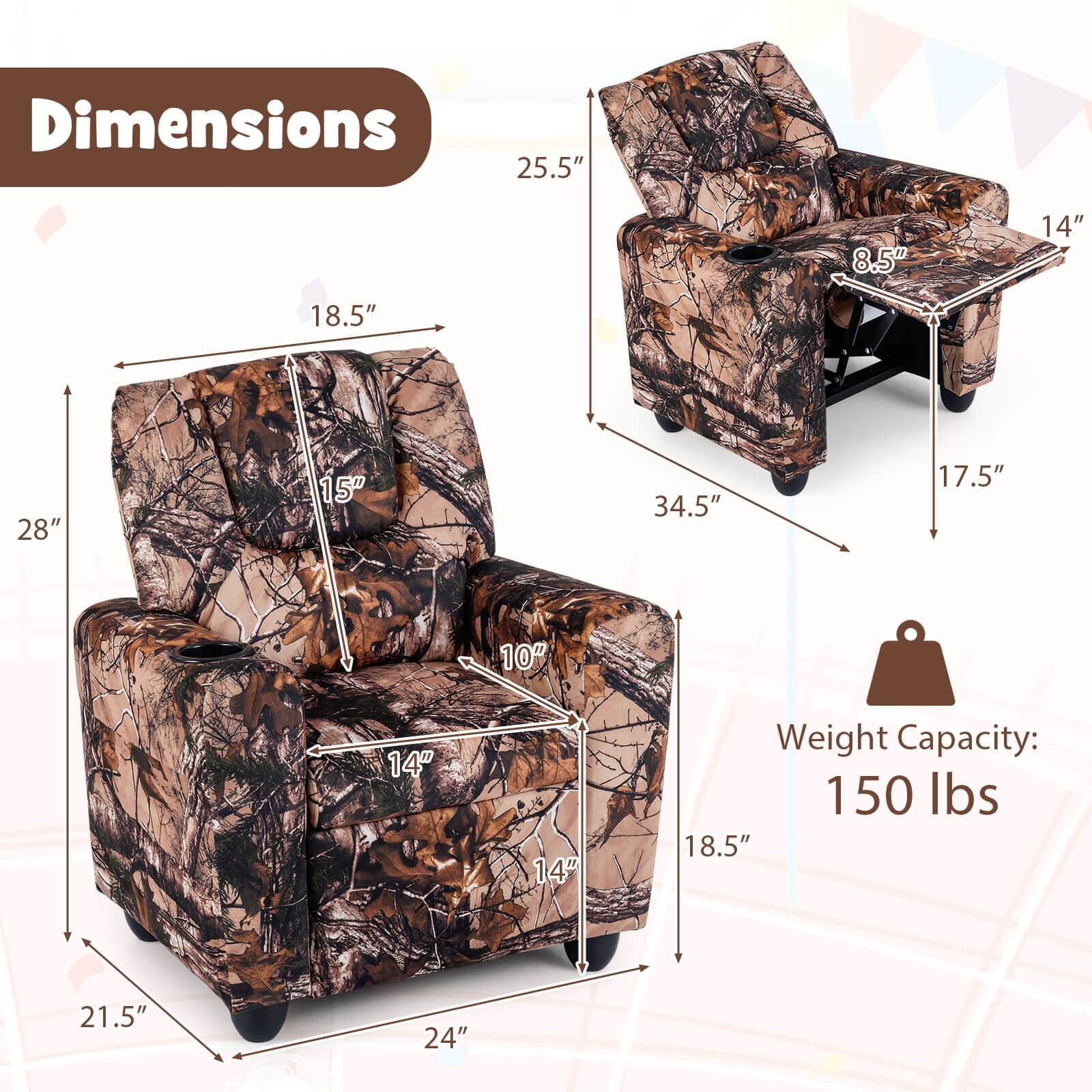 Dimensions:  
- Width: 25.5"  
- Depth: 28"  
- Height: 34.5"  
- Seat Height: 18.5"  
- Armrest Height: 15"  
- Seat Depth: 14"  
- Back Height: 21.5"  
- Armrest Width: 8.5"  
- Side Table Width: 14"  
- Side Table Height: 17.5"  
- Weight Capacity: 150 lbs
