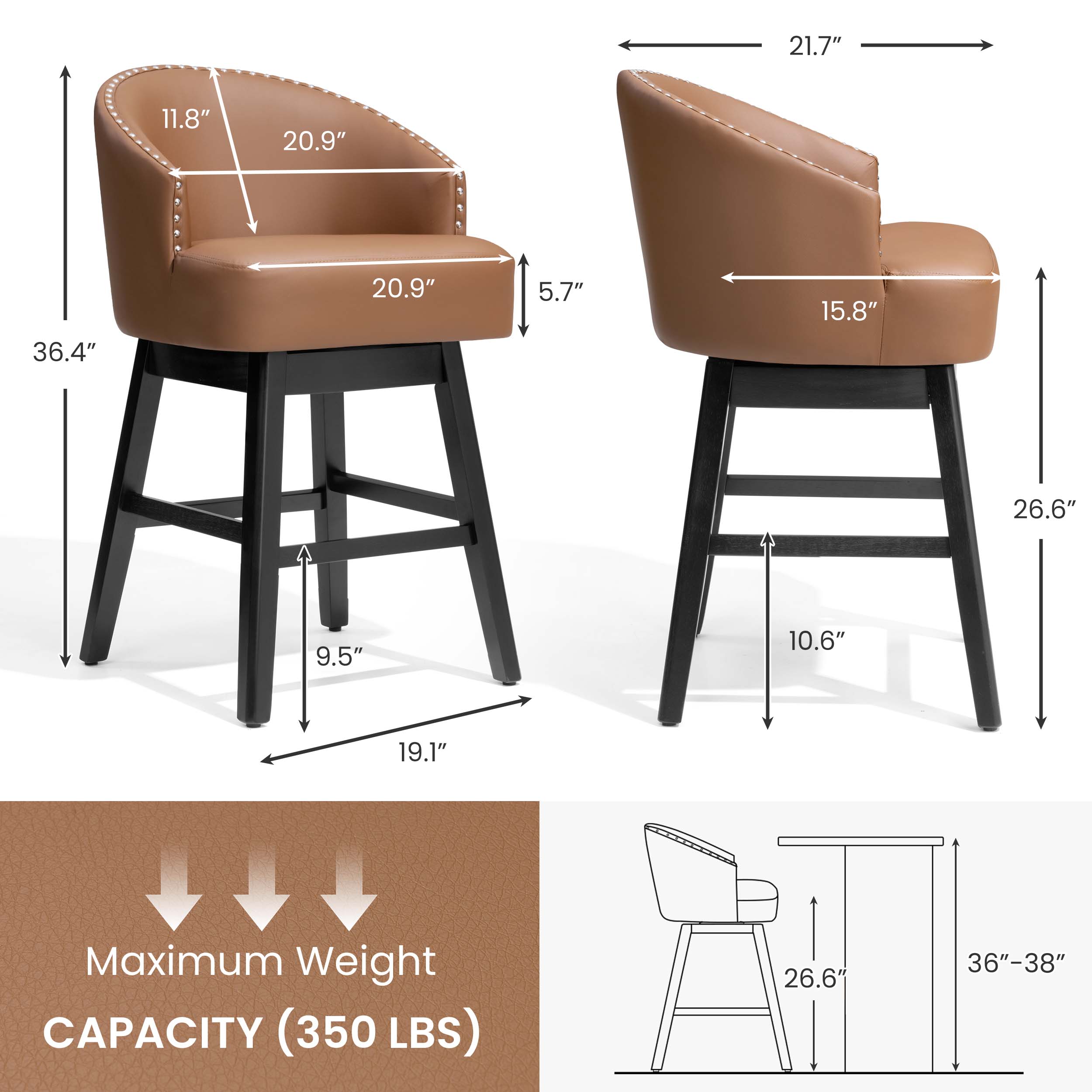 21.7" 11.8" 20.9" 36.4" 20.9" 5.7" 15.8" 26.6" 9.5" 10.6" 19.1" Maximum Weight CAPACITY (350 LBS) 26.6" 36"-38"