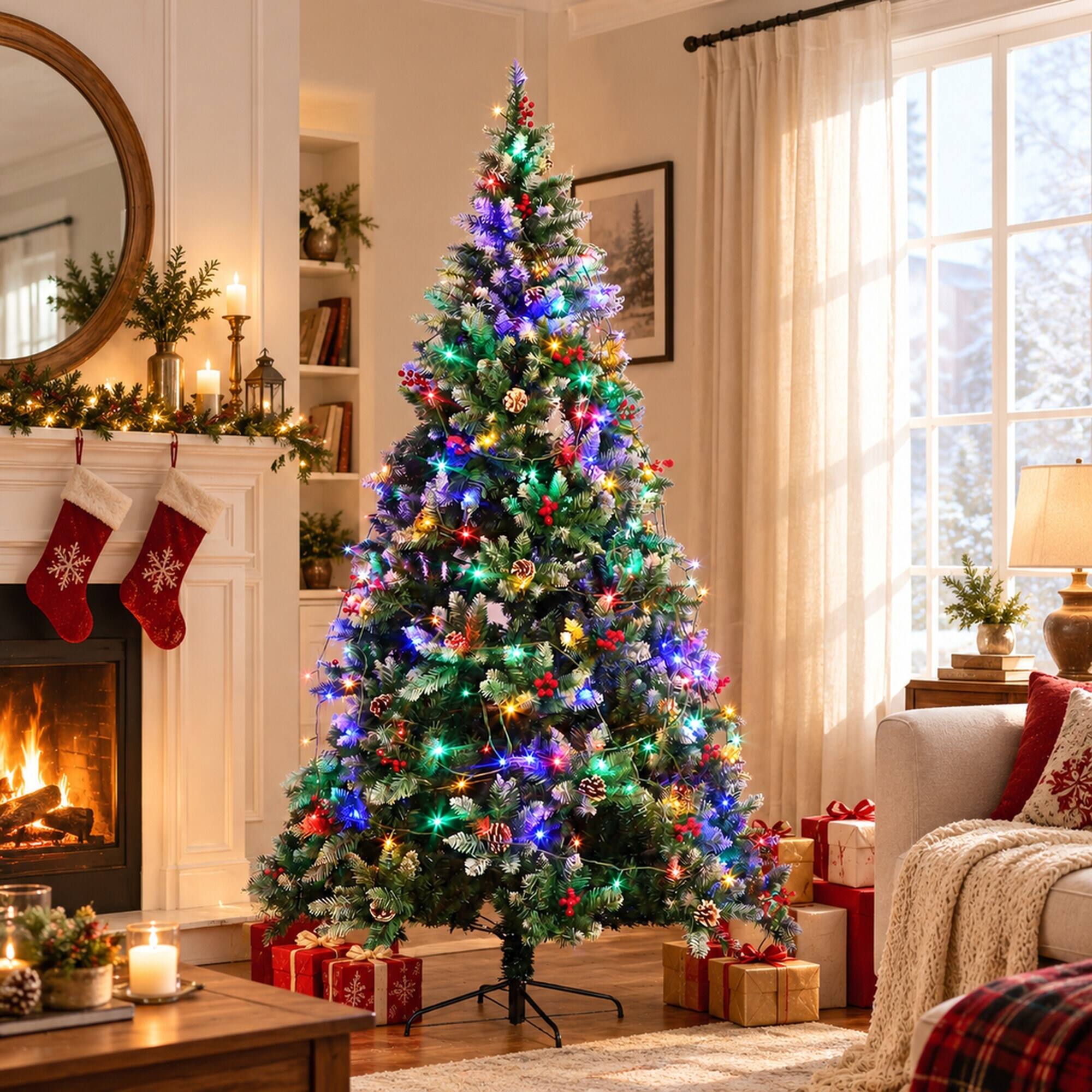 Angle. RYHNUYNE - 6FT Pre-Lit Artificial Christmas Tree With 150 LED Lights and 750 Tips, Green Metal Hinges and Foldable Base - Army Green.