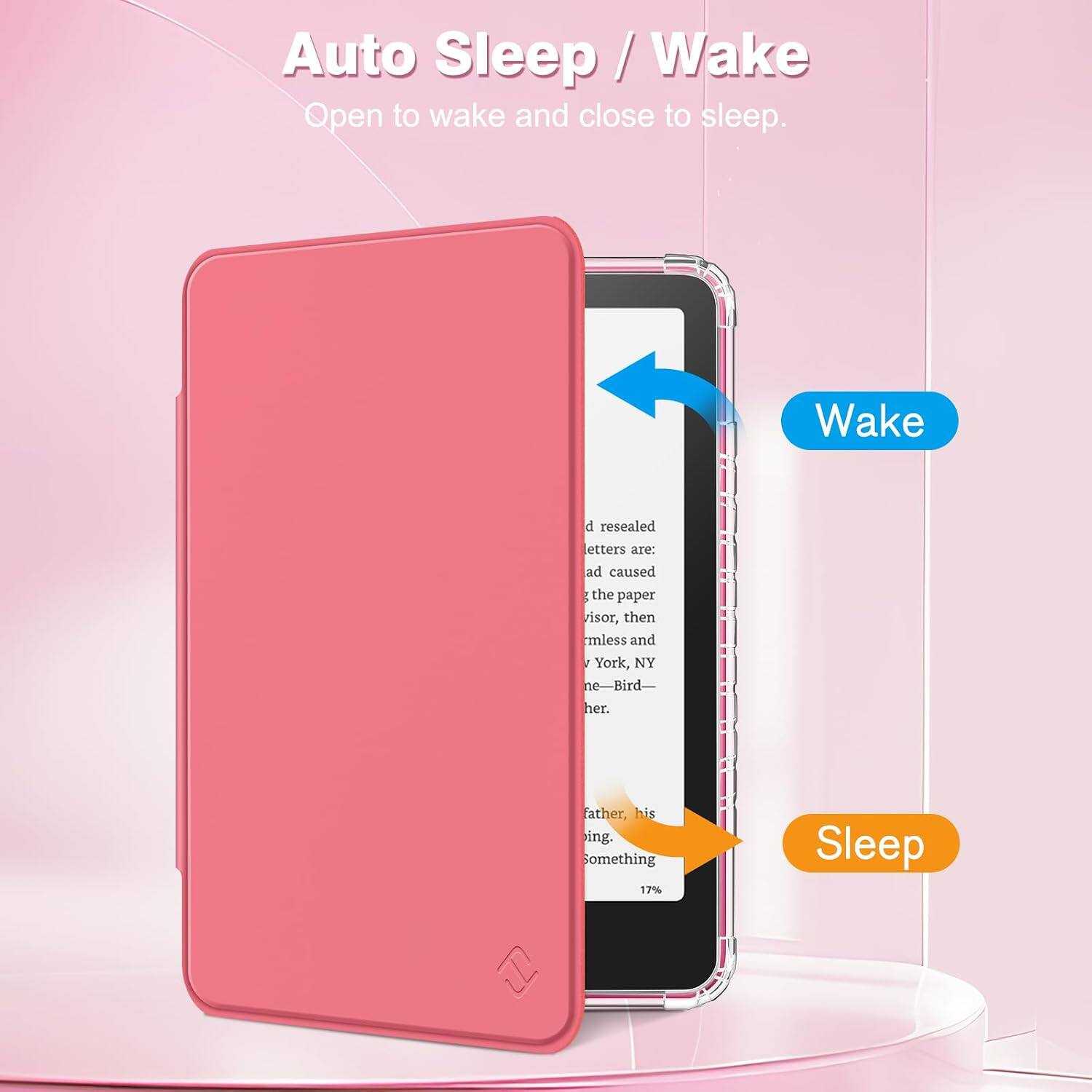 Auto Sleep/Wake  
Open to wake and close to sleep.  

Wake  
d resealed letters are: ad caused the paper isor, then mless and York, NY ne-Bird-her.  

Sleep  
father, his ing. omething 17%