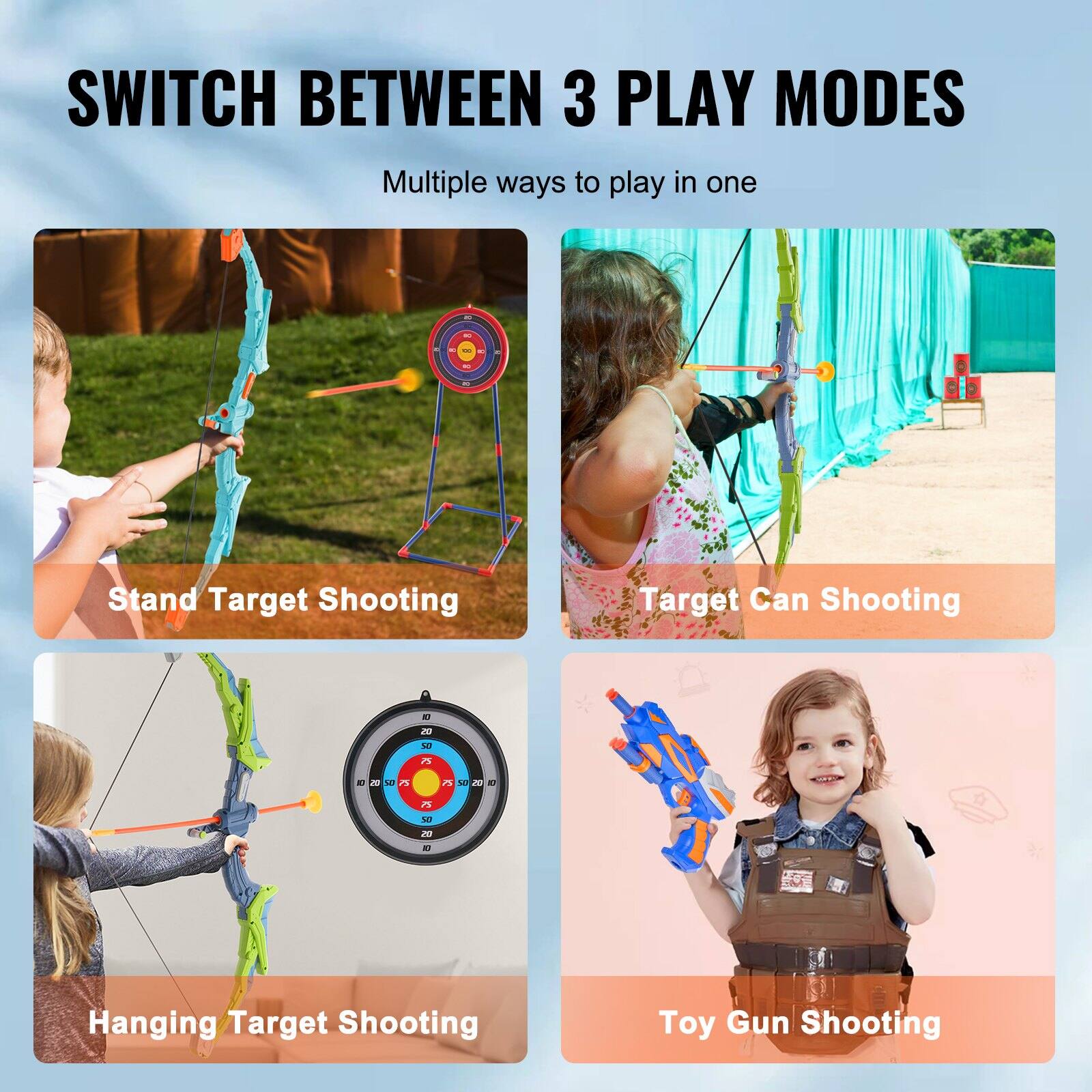 SWITCH BETWEEN 3 PLAY MODES  
Multiple ways to play in one  

- Stand Target Shooting  
- Target Can Shooting  
- Hanging Target Shooting  
- Toy Gun Shooting