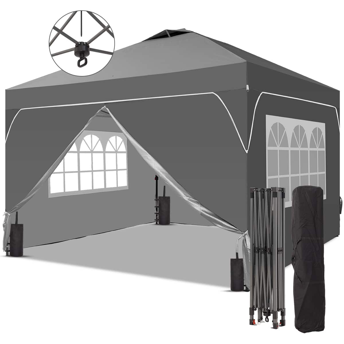 Ainfox - 10x10 FT Pop up Canopy Tent Shelter with 1-Button Push,4 Removable Sidewalls & Sandbags for Outdoor Events - Gray