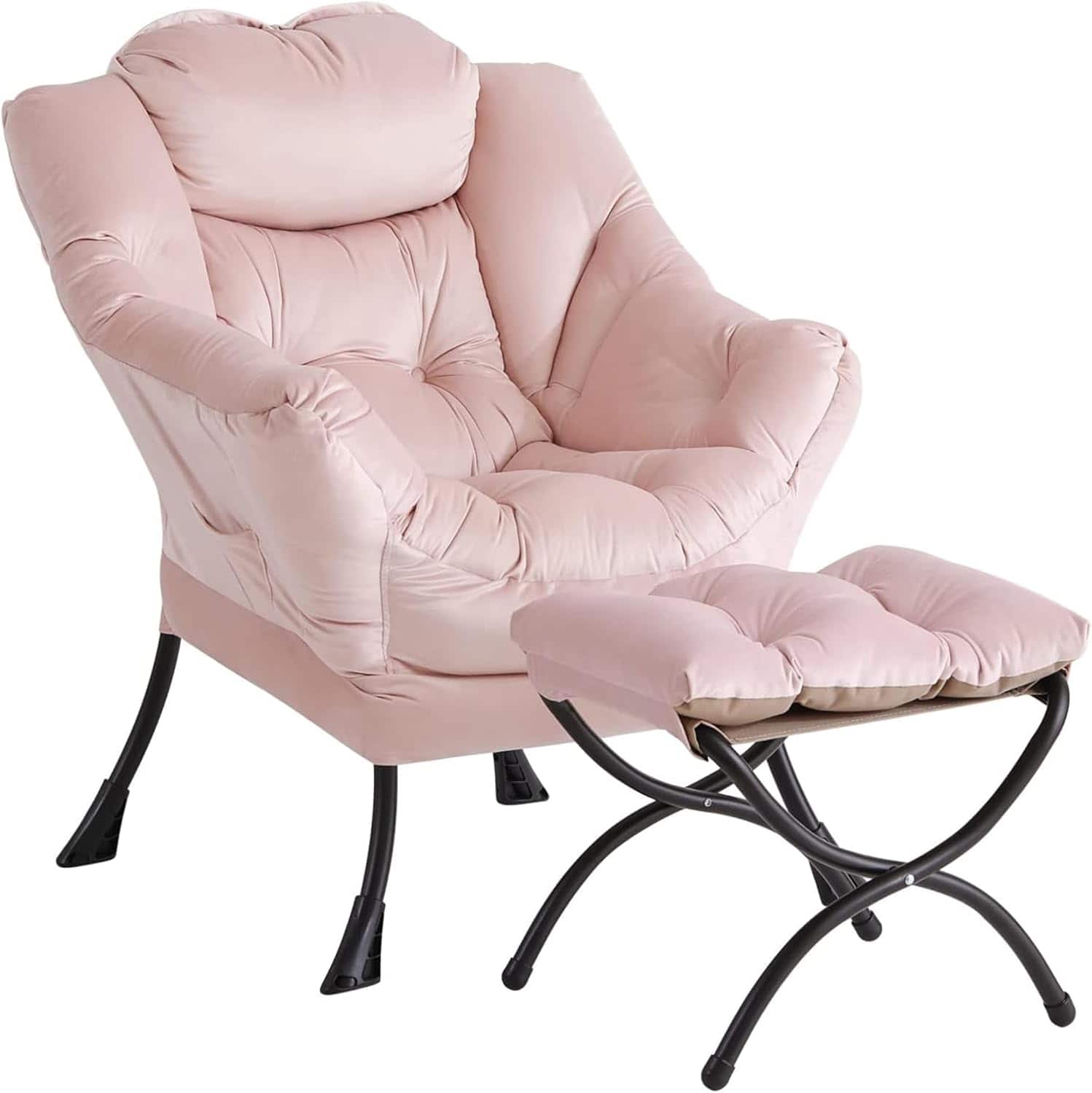 Front. Acekool - Lazy Chair with Ottoman, Large Plush Lounge Accent Chair, Foldable Footrest & Side Pocket, Pink - Pink.