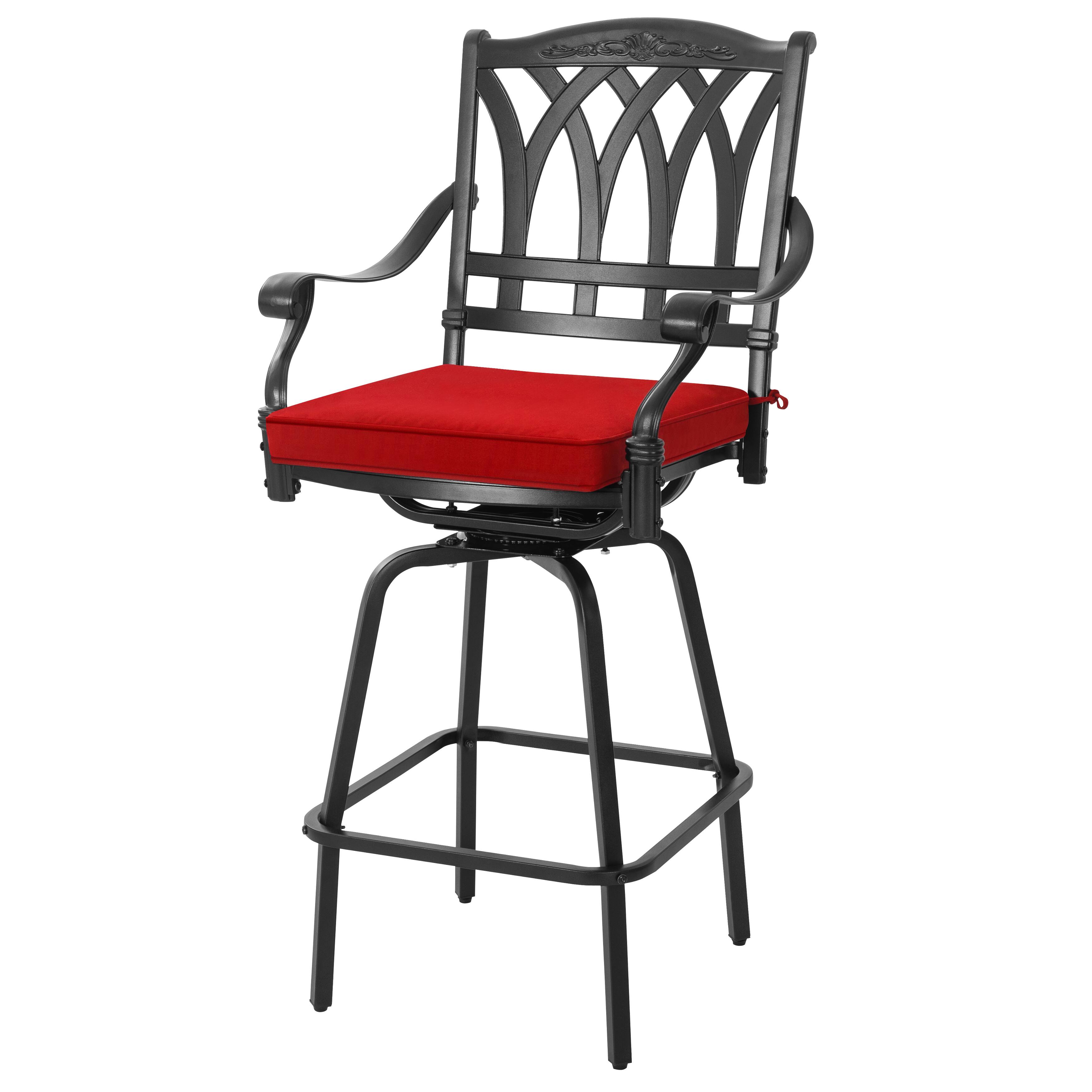 Alt View 6. Nuu Garden - 2PCS Patio E-Coated Cast Aluminum Swivel Bar Stool Set with Olefin Cushions - Black and Red.