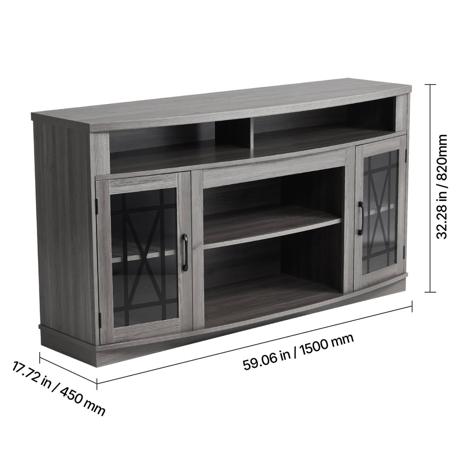 The dimensions of the cabinet are:

- Width: 59.06 inches / 1500 mm
- Height: 32.80 inches / 832 mm
- Depth: 17.72 inches / 450 mm