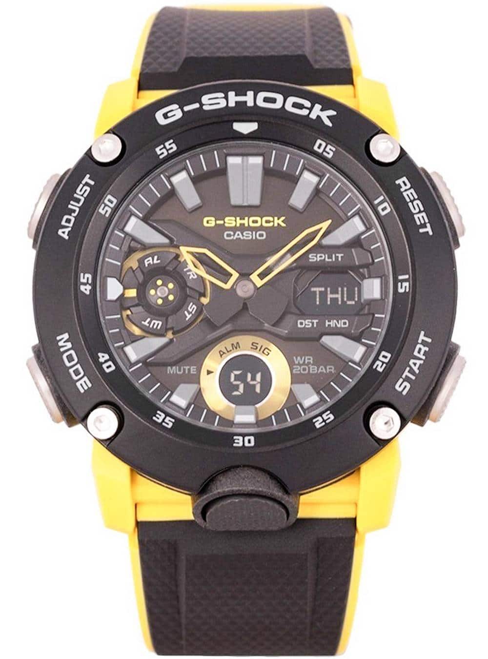 G-SHOCK  
CASIO  

ADJUST 55 05 RESET 10  
SPLIT 45 15  
MODE 40 20  
MUTE 35 30  

G-SHOCK  
CASIO  

ALM SIG WR 20BAR  
ALM 54  

THU  
DST HND  

START