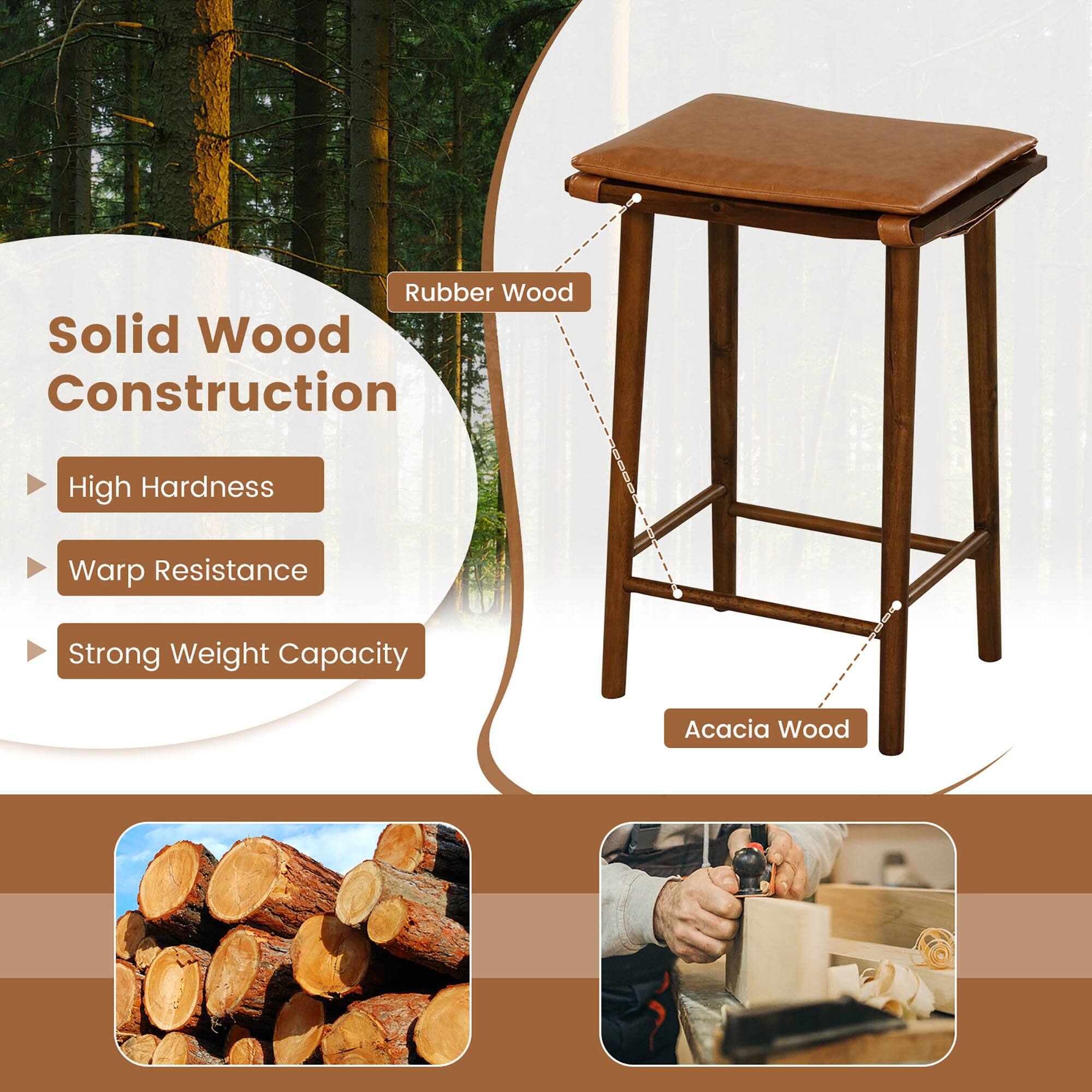 Solid Wood Construction, High Hardness, Warp Resistance, Strong Weight Capacity, Rubber Wood, Acacia Wood