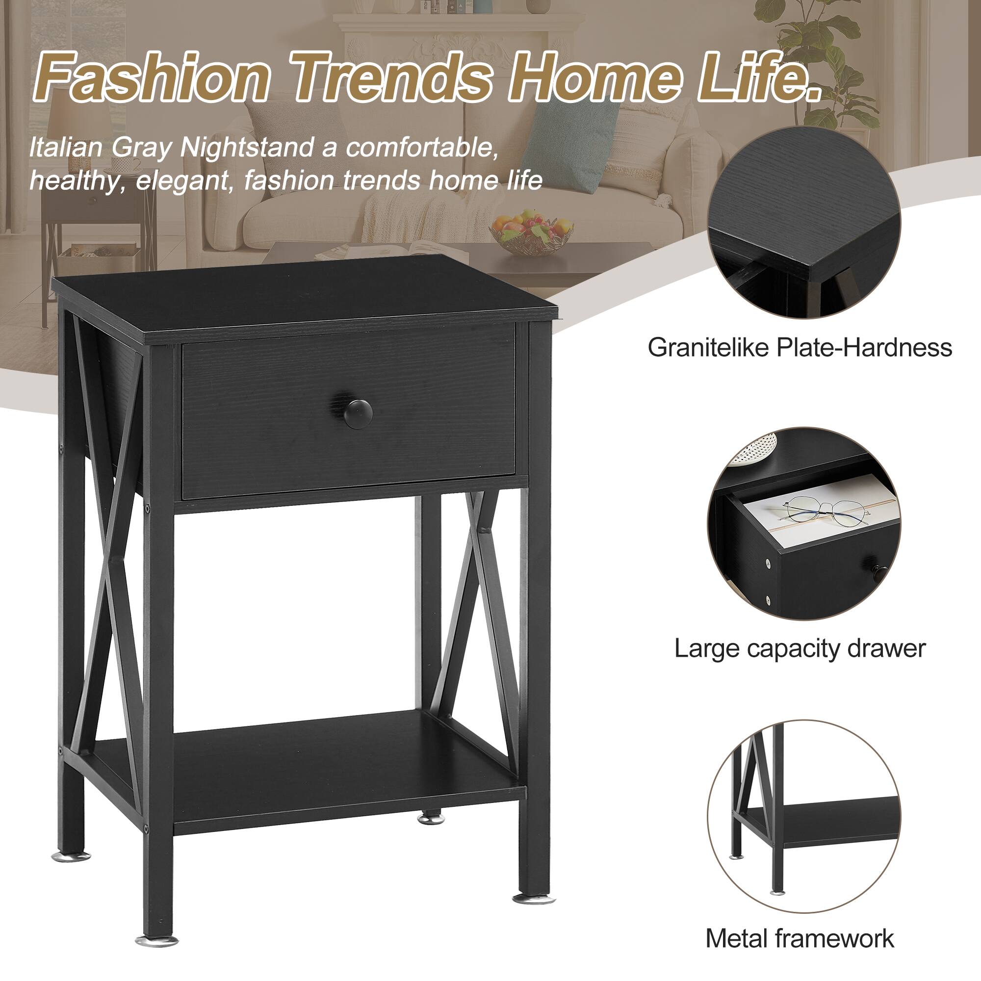 Fashion Trends Home Life.

Italian Gray Nightstand: a comfortable, healthy, elegant, fashion trends home life

- Granitelike Plate-Hardness
- Large capacity drawer
- Metal framework