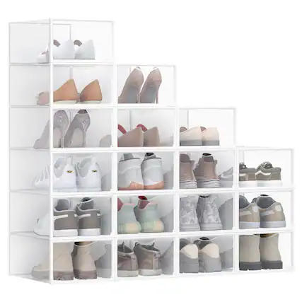 Front. Songmics Home - Shoe Boxes, Shoe Storage Organizers Rack for Closet, Plastic Stackable Sneaker Containers Case, 18 Pack - Transparent and Cloud White.