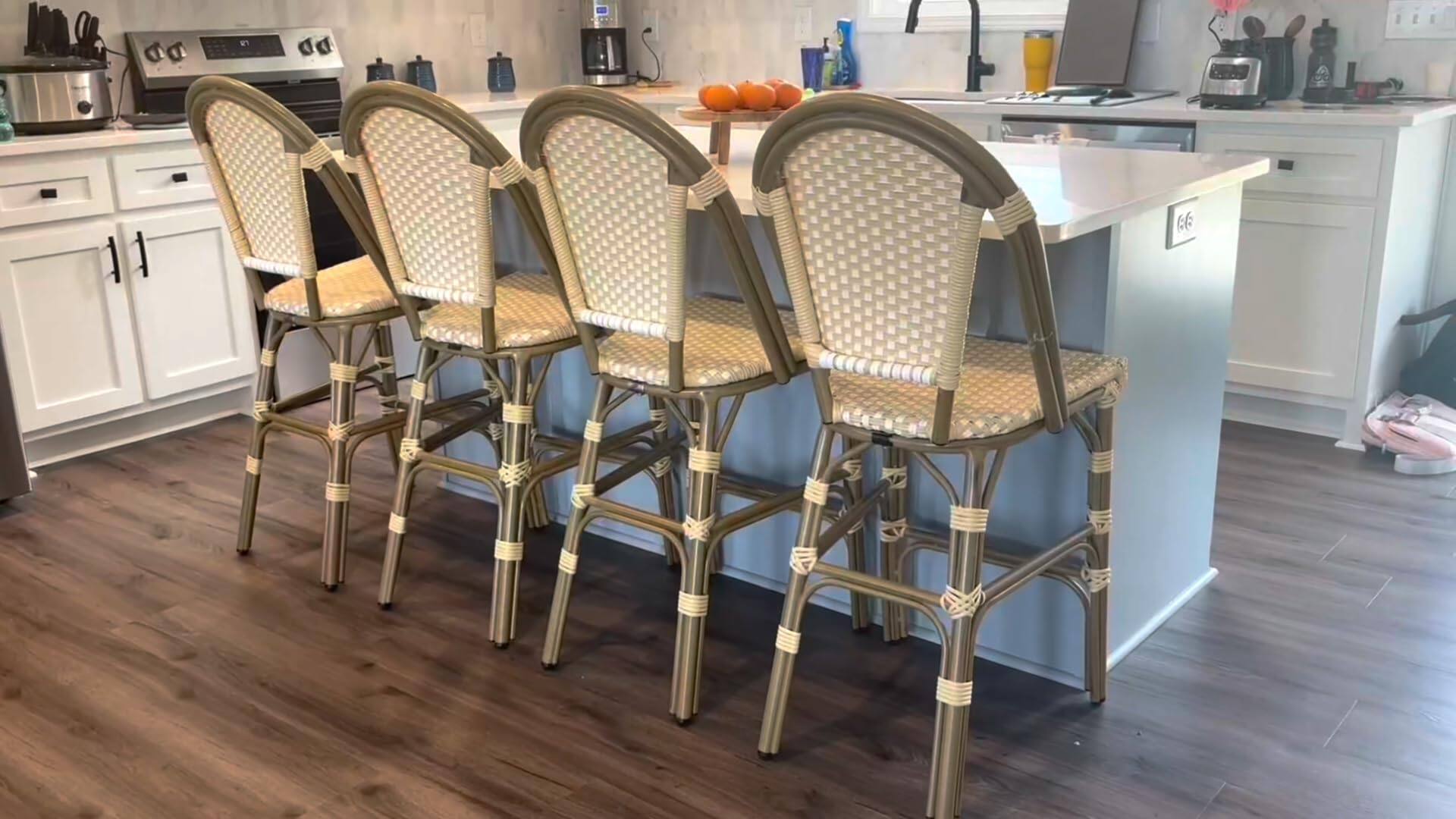 Alt View 2. PURPLE LEAF - French Bar Height Bar Stool Set of 2 Patio Bar Chairs with Back Rattan Bar Chairs French Bistro Set - Bamboo Pattern/Cream Yellow-Bar Stool.