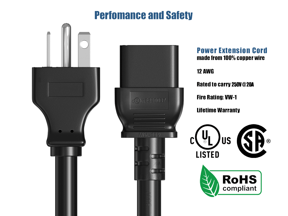 Performance and Safety

COUS E210037

Power Extension Cord made from 100% copper wire
12 AWG
Rated to carry 250V@20A
Fire Rating: VW-1
Lifetime Warranty

MSL-119 20A

UL US LISTED
SP
300V

RoHS compliant