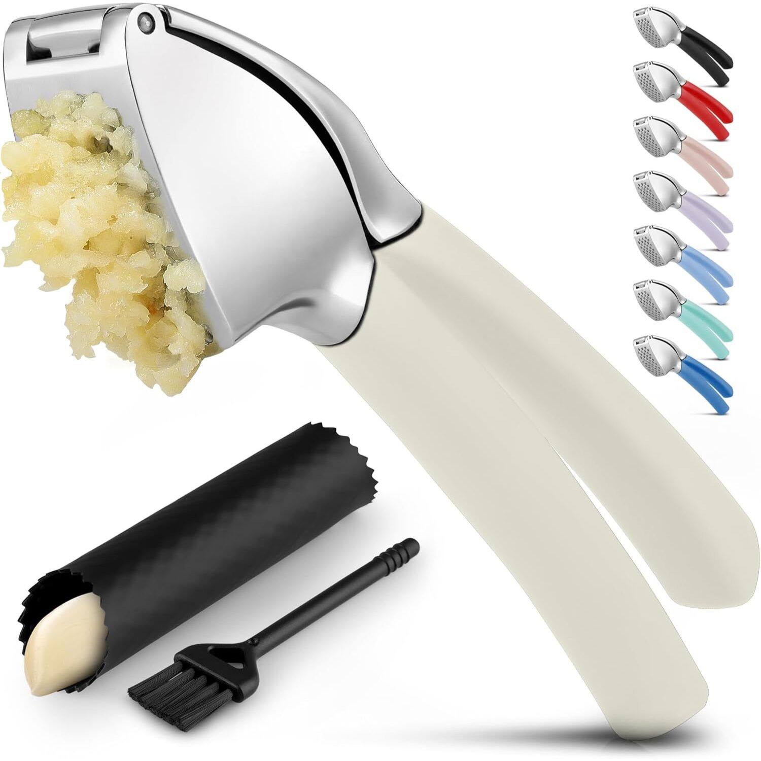 Zulay Kitchen - Garlic Press Mincer with Peeler and Brush - White