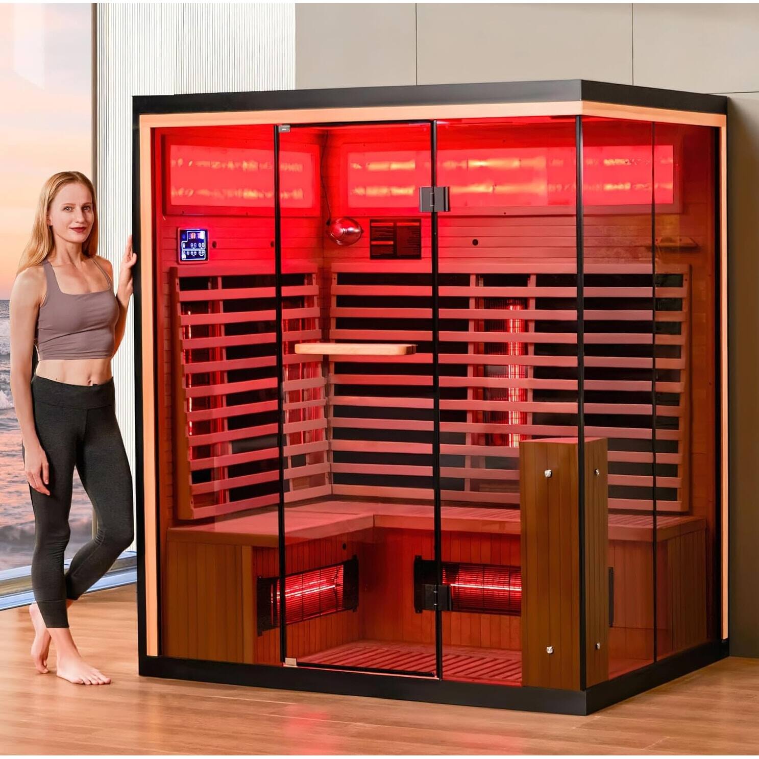Angle. U-HOMY - U-HOMY 6-Person Canadian Hemlock Infrared Sauna with Low EMF Heating, Chromotherapy & Bluetooth Speaker - Wood Color.
