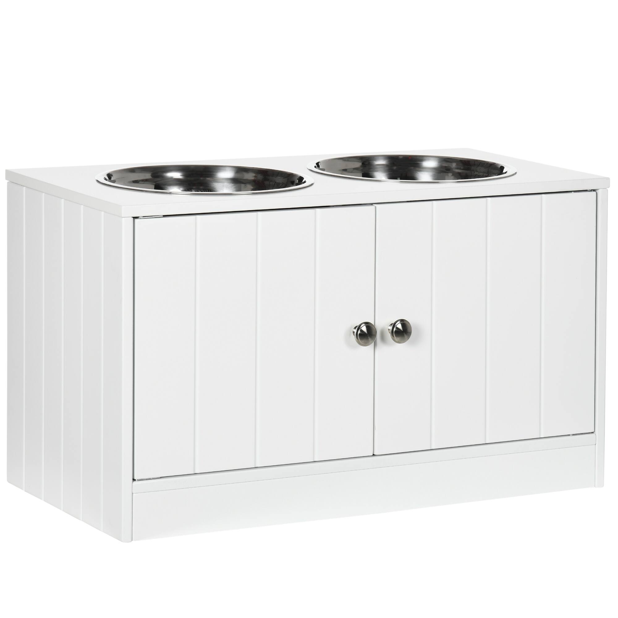 Front. Pawhut - Elevated Dog Bowls with Storage Cabinet Containing 44L Capacity, Raised Bowl Stand, Food Bowl, Feeding Station - White.